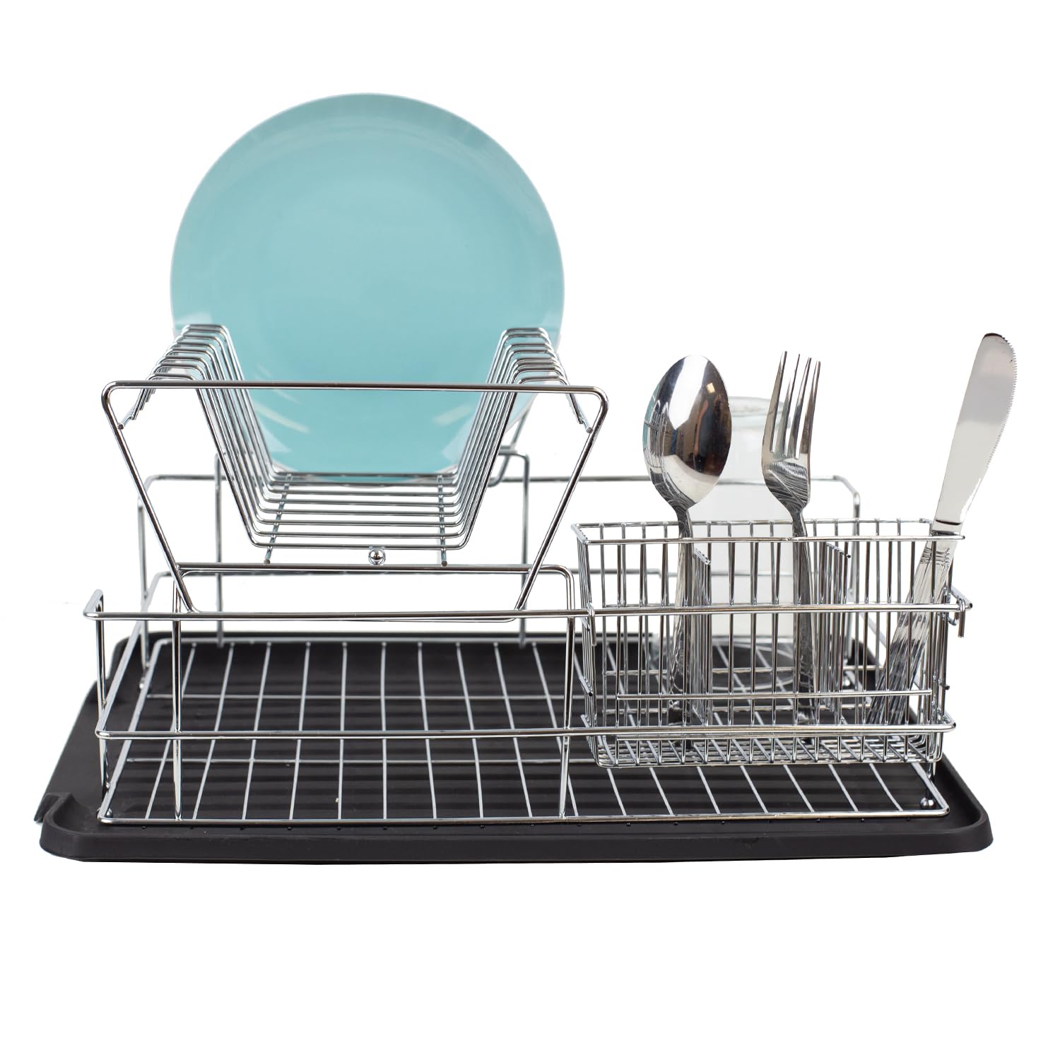 Home Basics Black Kitchen Sink Countertop 2 Tier Dish Rack And Draining Board Cutlery Holder, Fits Large Plates, Dry & Drip Tray