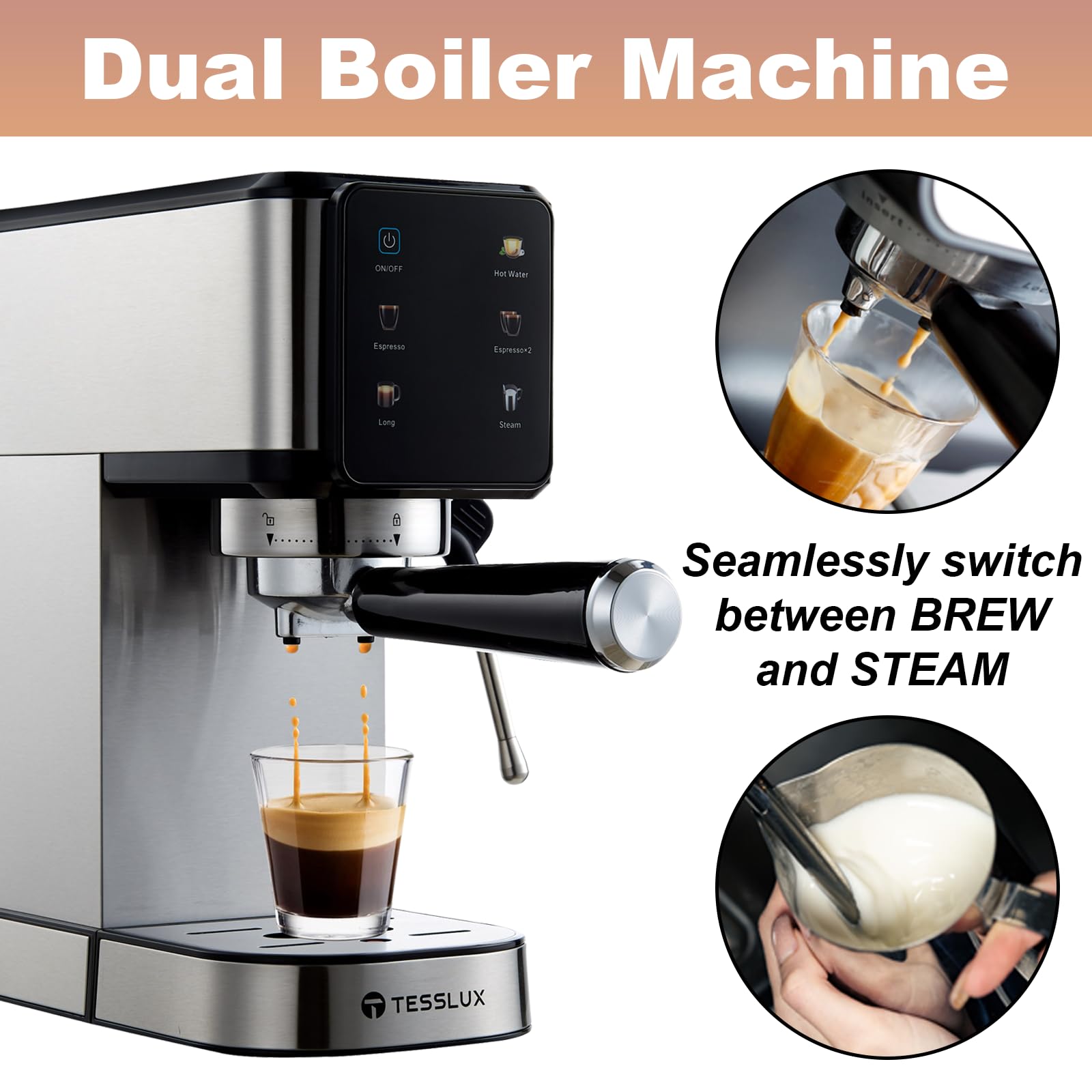 Tesslux Espresso Machine 20 Bar, Dual Boiler Coffee Maker With Touch Control, Compact Espresso Maker For Home, Milk Frother Wand