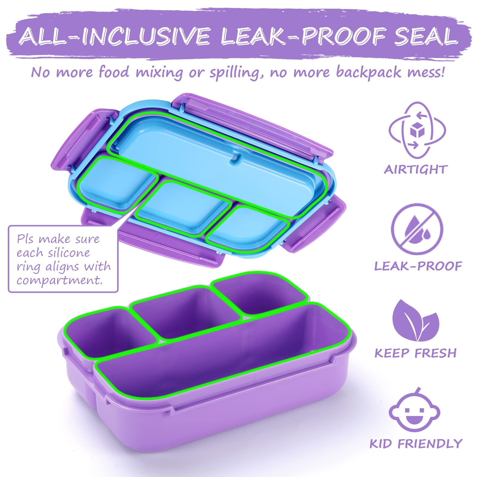 Qqko Bento Lunch Box With 4 Compartments, Sauce Container, Utensils, Food Picks And Muffin Cups For School - Purple