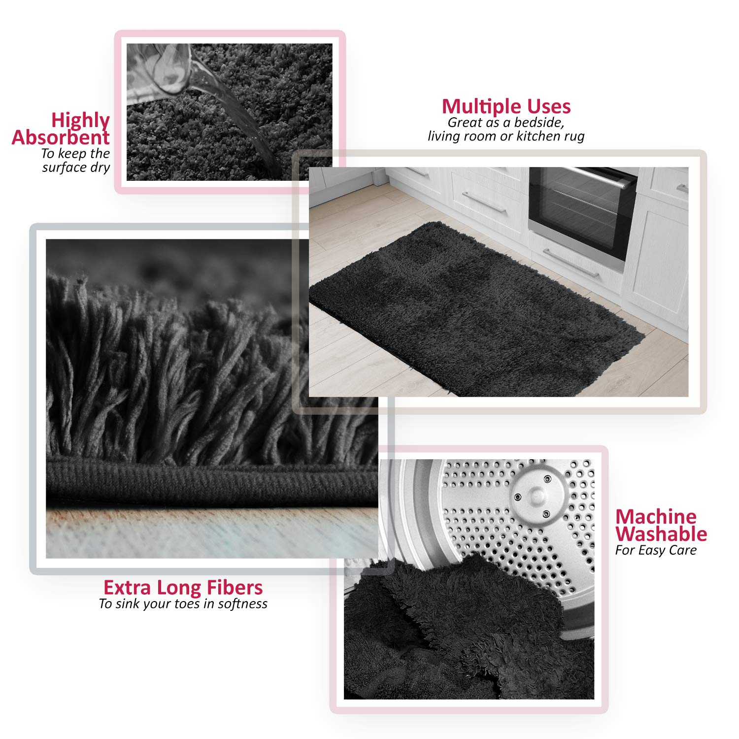Clara Clark Bathroom Rugs  Ultra Soft Shaggy Bath Rugs - Bath Mats for Bathroom  Machine Wash  Non Slip Backing Rubber  2 Piece Bathroom Rug Set  Black