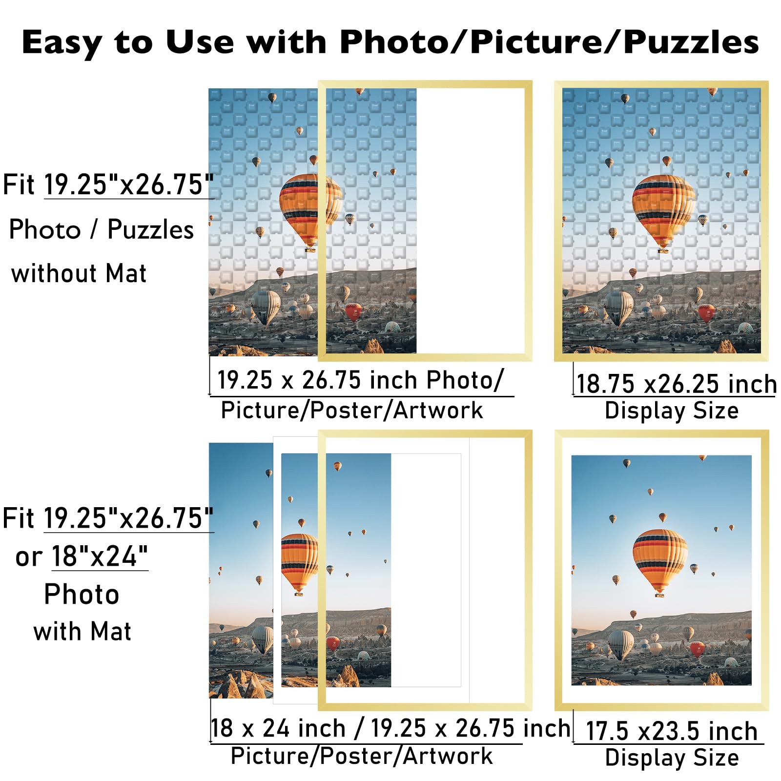 JCJMY 19.25x26.75 Puzzles Frame Gold, Display 18x24 with Mat or 19.25 x 26.75 without, Wall Hanging 19.25 by 26.75 Picture Frame