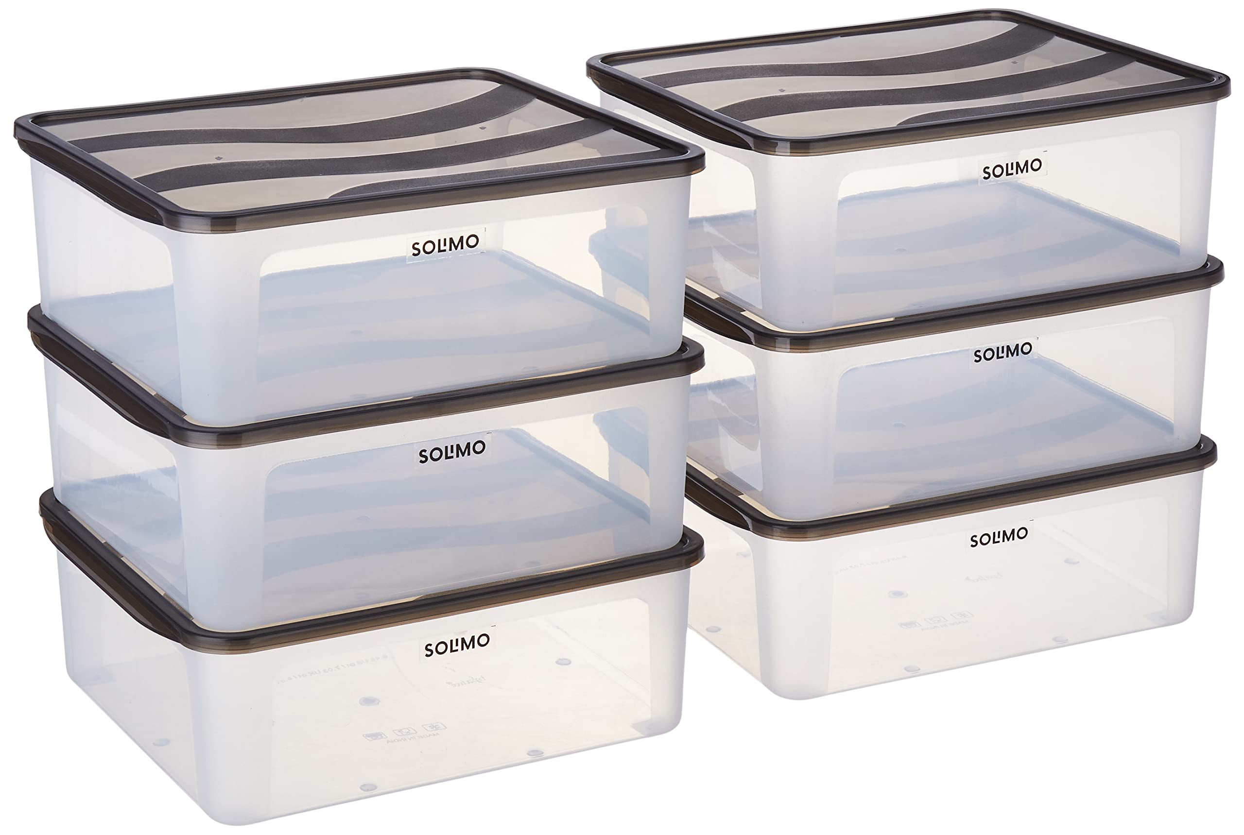 Amazon Brand - Solimo Solimo Plastic Fridge Multi Storage Container With Lid (Set Of 6, 8000Ml, Black)