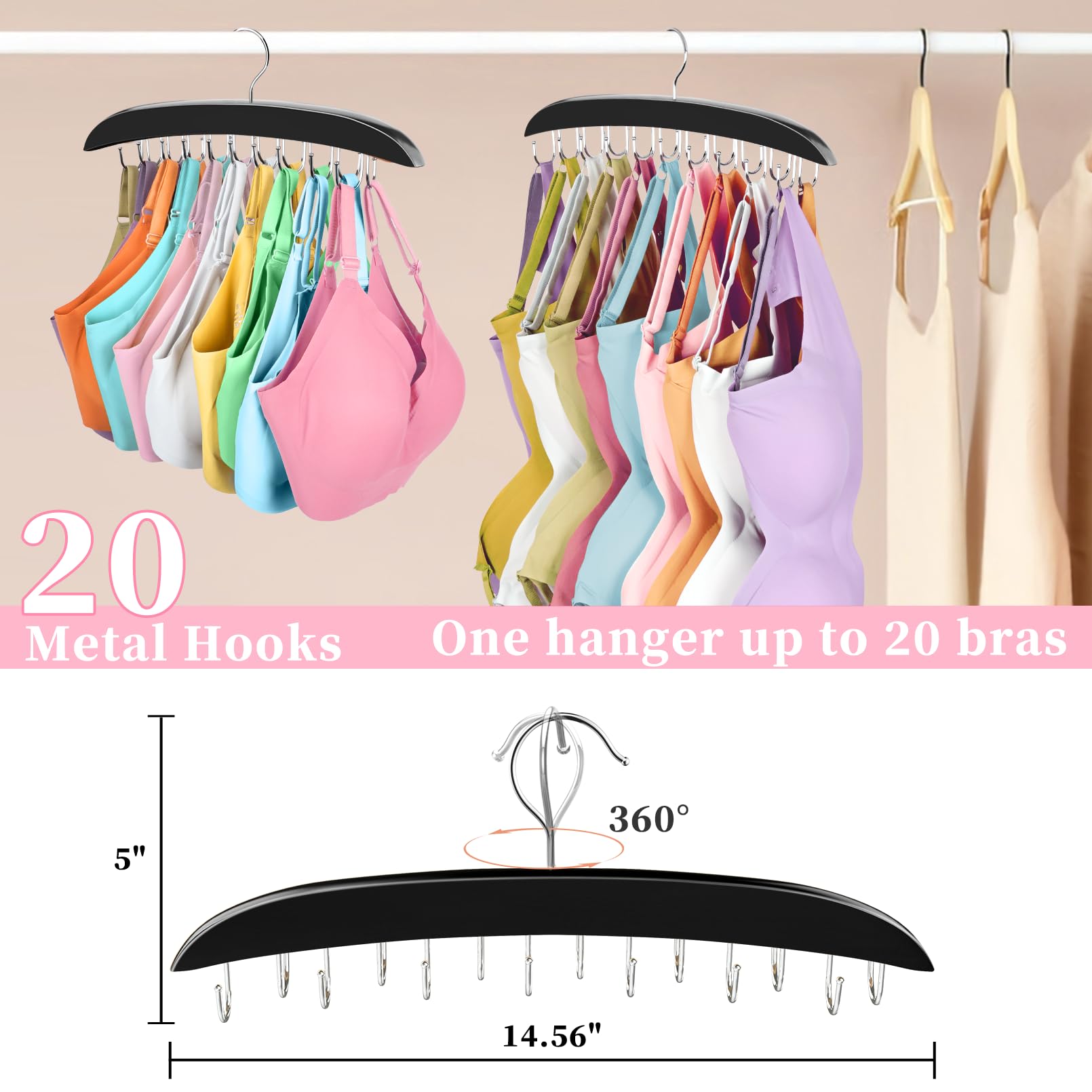2 Pack Bra Organizer For Closet, 360 Rotating Bra Hanger Space Saving W/20 Foldable Metal Hooks, Tank Top Hanger Closet Organize