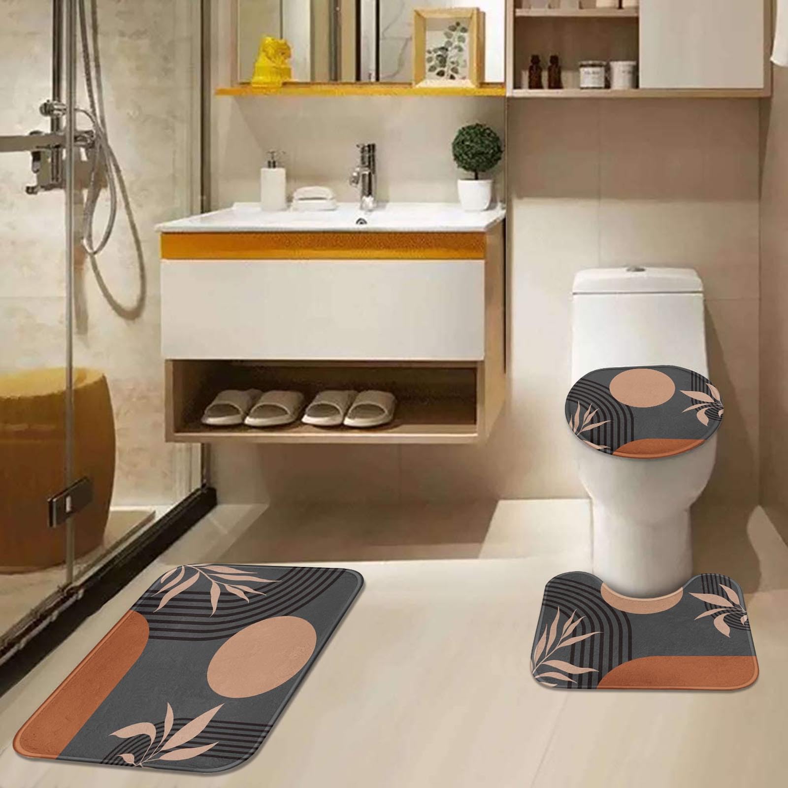 Tayney Boho Mid Century Shower Curtain Set With Toilet Lid Cover And Non-Slip Rugs, Abstract Grey Background 4 Pcs Modern Minima