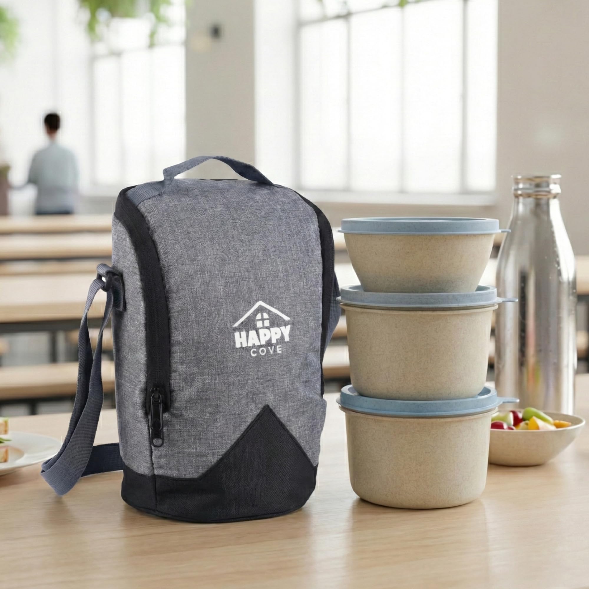 Happy Cove Eco Friendly Lunch Box For Office Use, Made Of Wheat Straw And Rice Husk, 3 Microwave Safe Blue Containers, Tiffin Bo