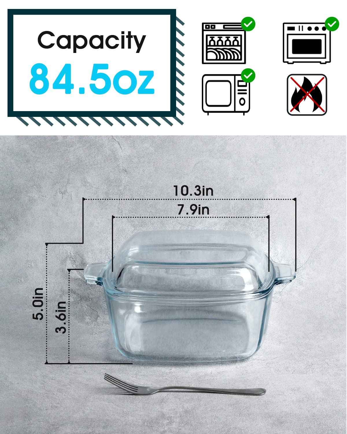 NUTRIUPS 2.5L Glass Casserole with Glass Lid Square Casserole Dish for Oven Glass Microwavable Bowl With Lid
