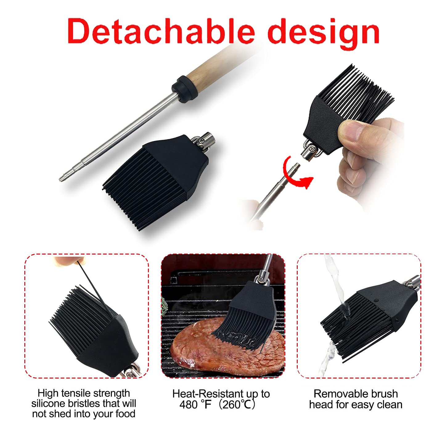 Basting Brush Assembled With Extendable Stick With Wooden Handle. Pack Of 4 Pcs.