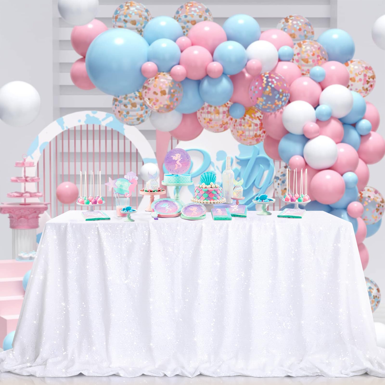 B-COOL White Sequin Tablecloth Fabric Overlay: 90x132 inch Sequined Tablecloths Shiny Tablecloth for Birthday Bridal Shower Indo