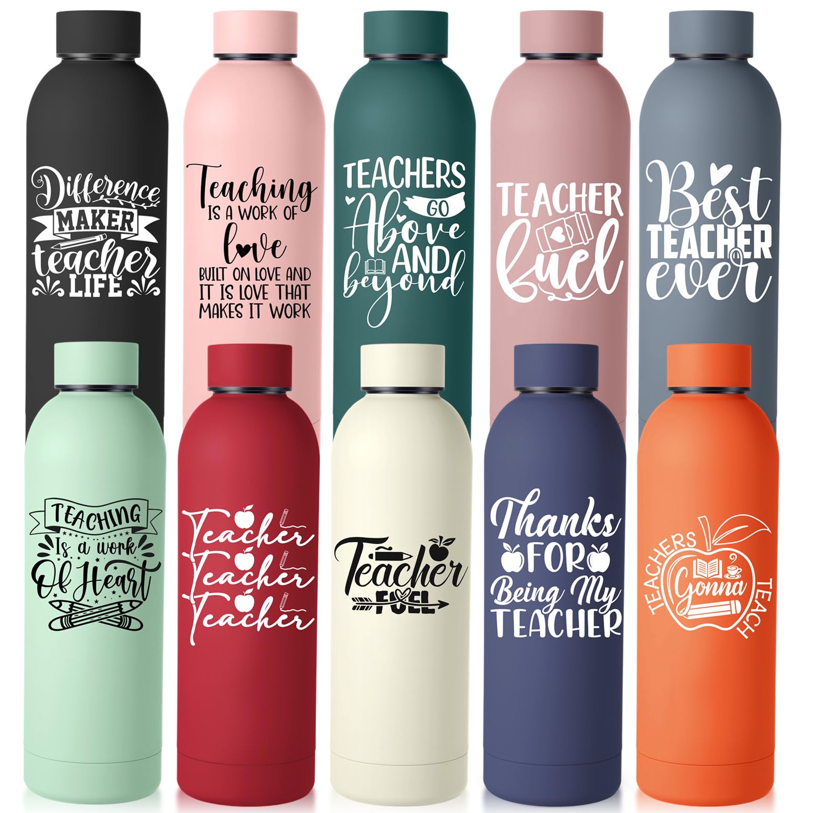 Teenyyou 10 Pcs Teacher Appreciation Gifts Bulk Thank You Gifts for Teachers 17 oz Stainless Steel Water Bottles Insulated Cups 