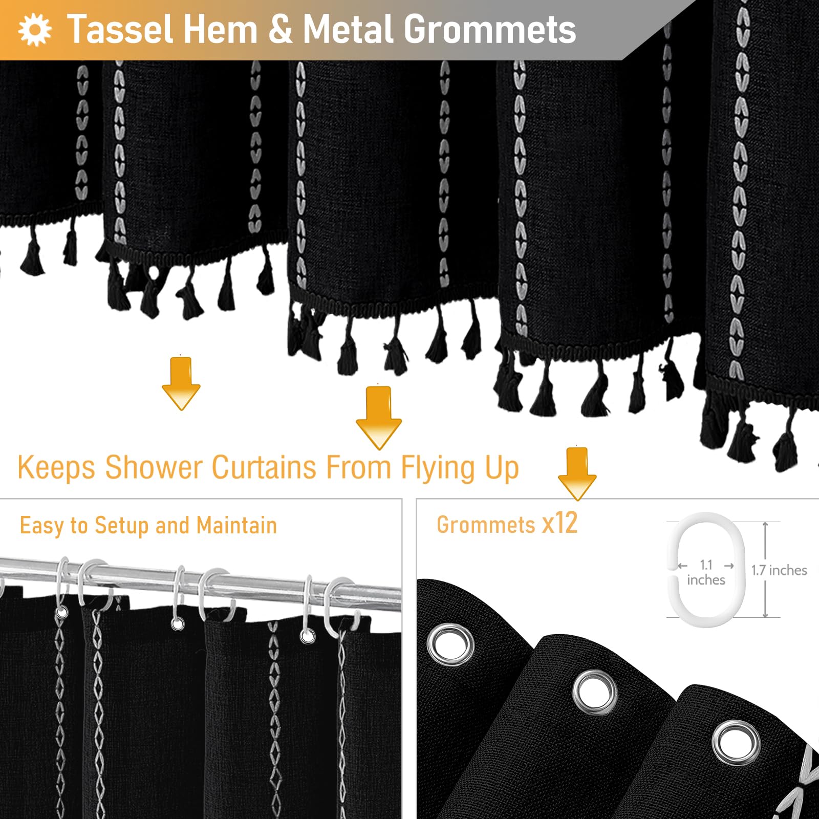 Bttn Extra Long Shower Curtain, 72X84 Inch Long Boho Tassel Linen Fabric Shower Curtain Set With Plastic Hooks, Large Modern Far