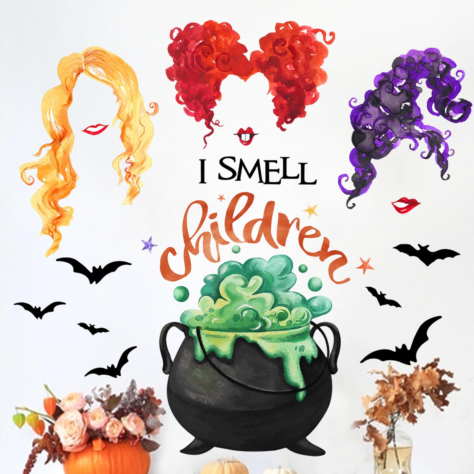 Mfault Halloween I Smell Children Wall Decals Stickers, Sanderson Sisters Witch Caldron Bat Decorations Bedroom Art, Hocus Pocus