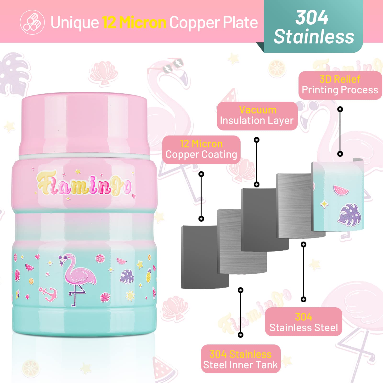 Charcy 17Oz Kids Thermo For Hot Food - Soup Thermo With Folding Spoon - Insulated Food Jar For Hot & Cold Food - Pink Green Flam