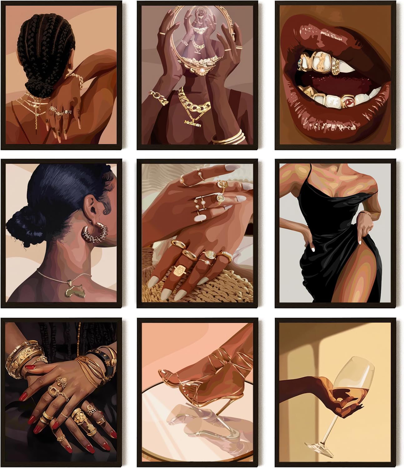 Sehsuvc Black Girl Posters Wall Art Set Of 9, Abstract African American Woman Wall Decor Painting, Trendy Boho Artwork Aesthetic