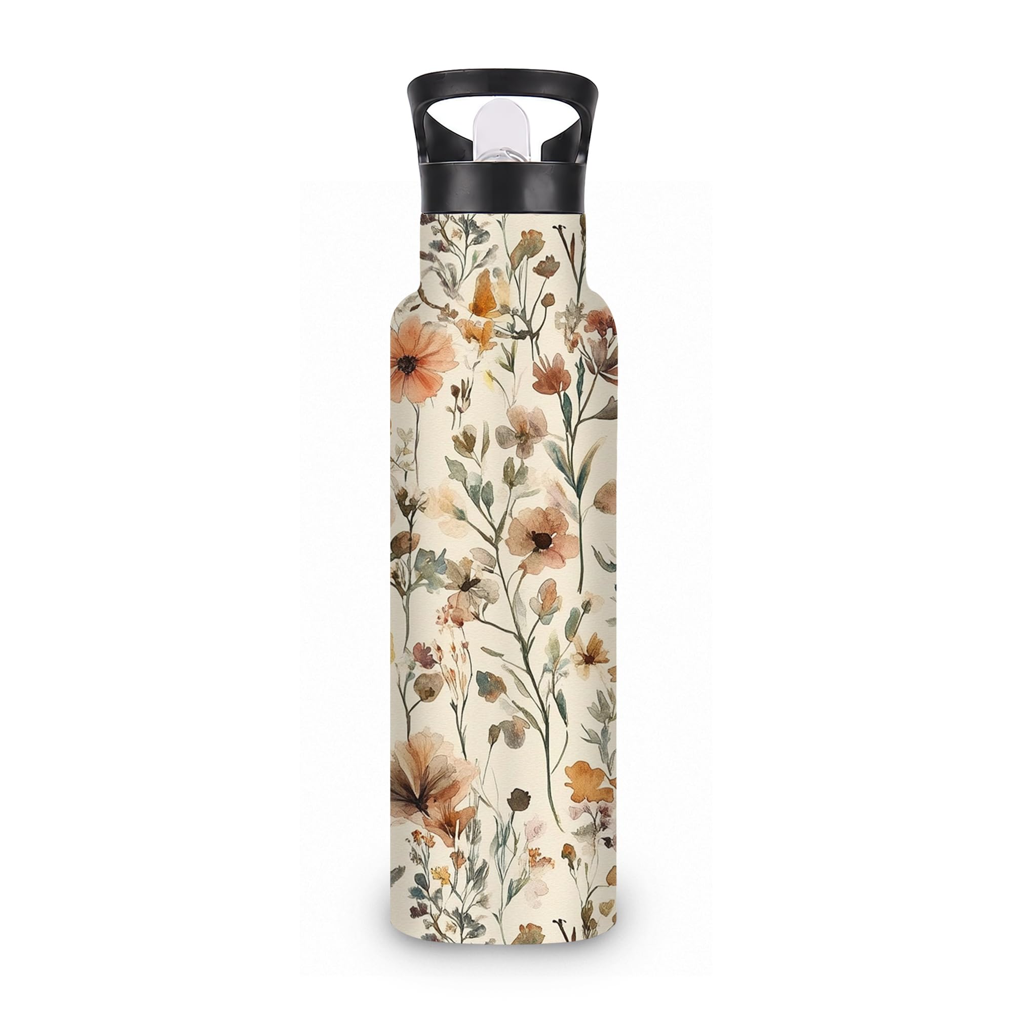 ICRICR Watercolor Wildflower 20 oz Insulated Water Bottles Brown Flowers Stainless Steel Thermal Bottle Leak Resistant with Stra