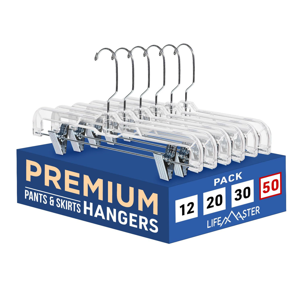 Lifemaster Clear Plastic Hangers - 50 Pieces 14 Inches Anti-Slip Space-Saving, Closet Organization Solution - Pants, Trousers, S