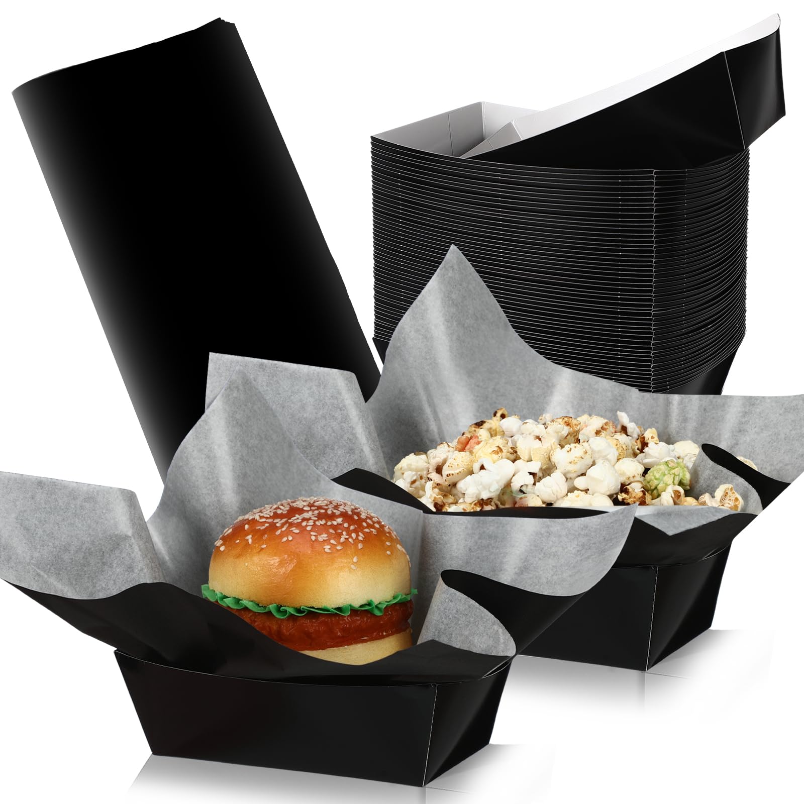 Geosar 100 Pcs Black Paper Food Trays Bulk Disposable Food Boat with Black Wax Paper Wrapping Disposable Serving Snack Trays Nac