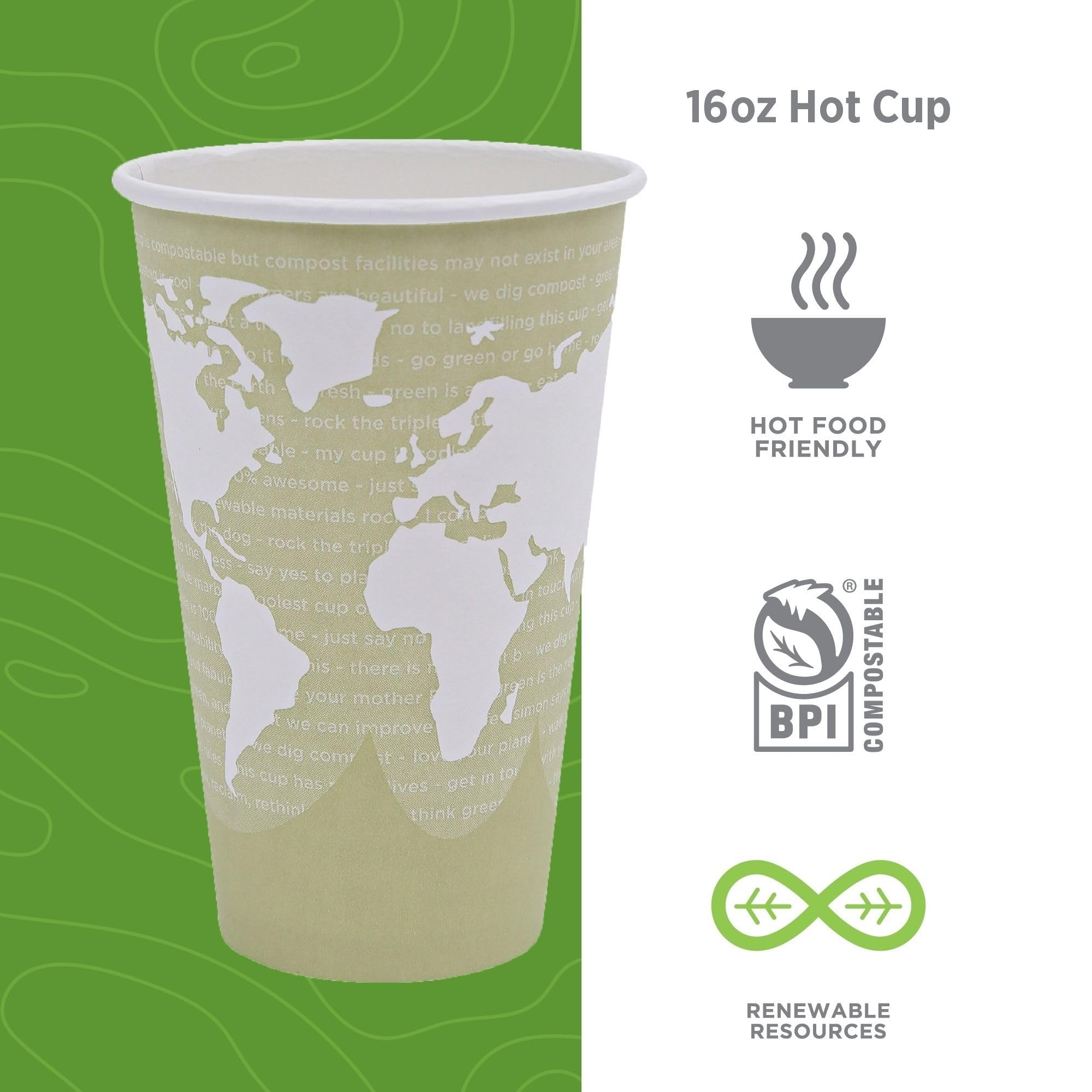 Eco-Products World Art Disposable Hot Coffee Cup, Eco-Friendly Compostable Pla Lined Take Out Paper Cup, 16 Fl Oz, Case Of 1000