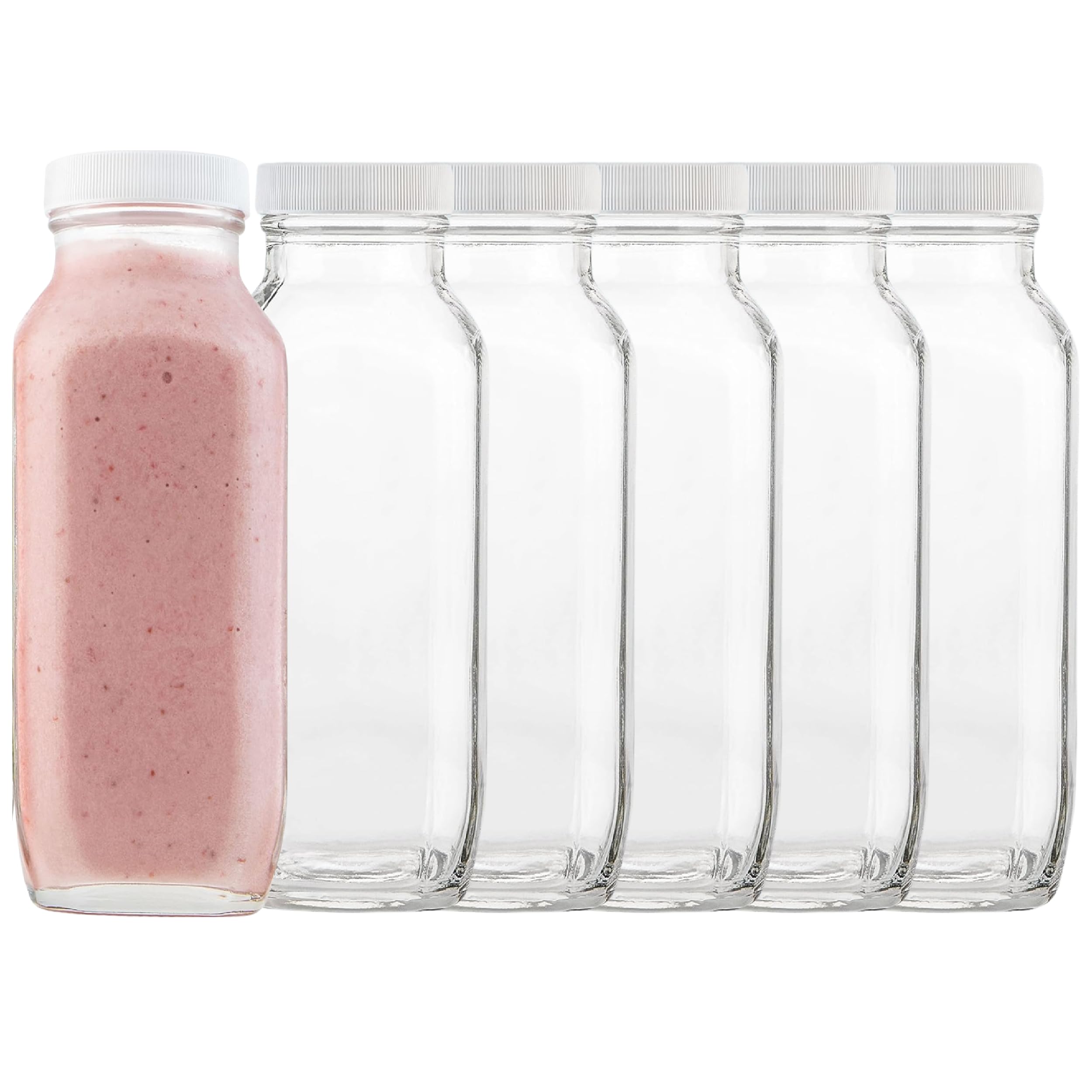 kitchentoolz 16oz Square Glass Milk Bottles with Lids Reusable Glass Bottles for Milk, Creamer, Juice, Smoothies, Kefir & Yogurt