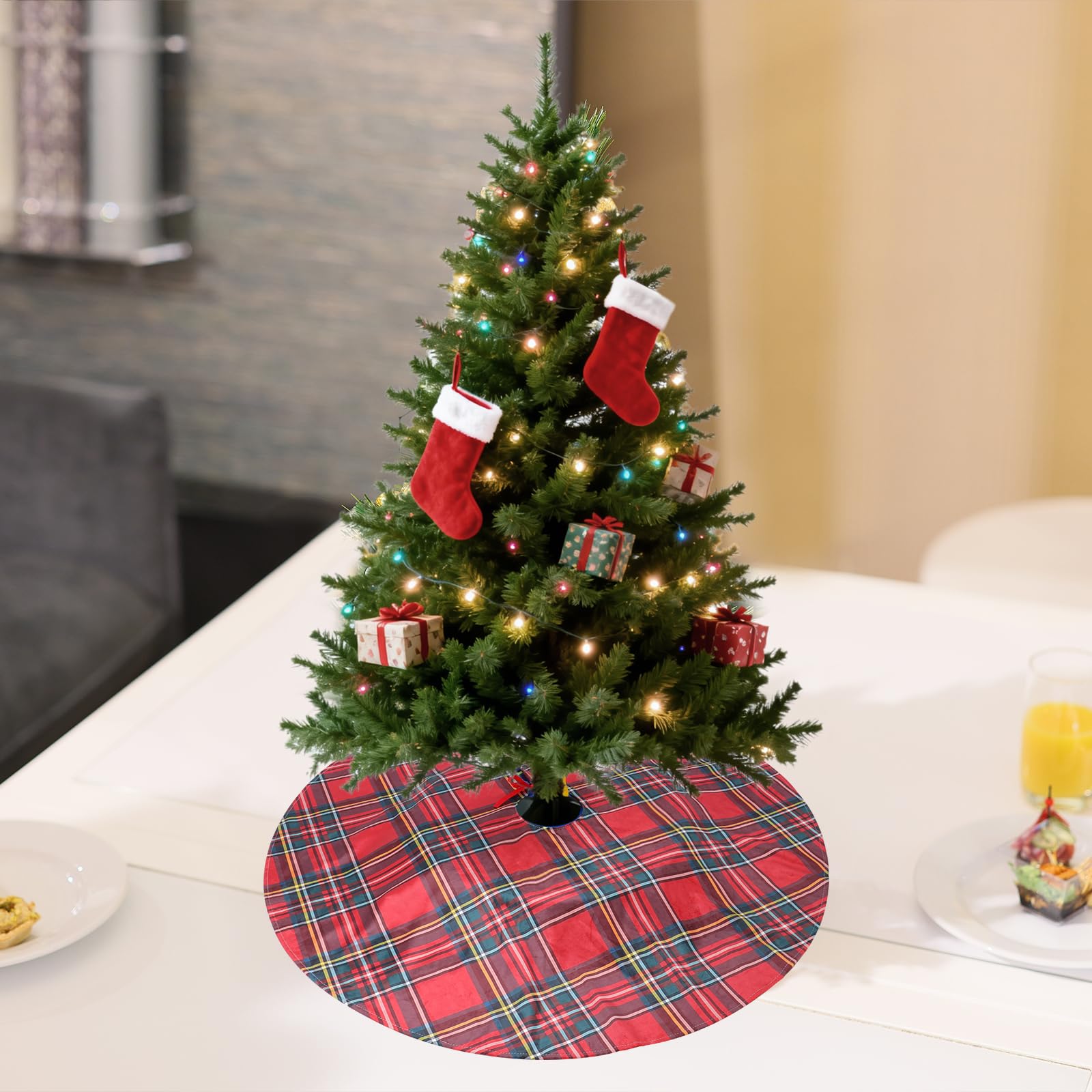 Royal Stewart Tartan Christmas Tree Skirts - 48 Inch Scottish Red Plaid Printed Tree Skirt, Classic Holiday Decoration for 6-7.5