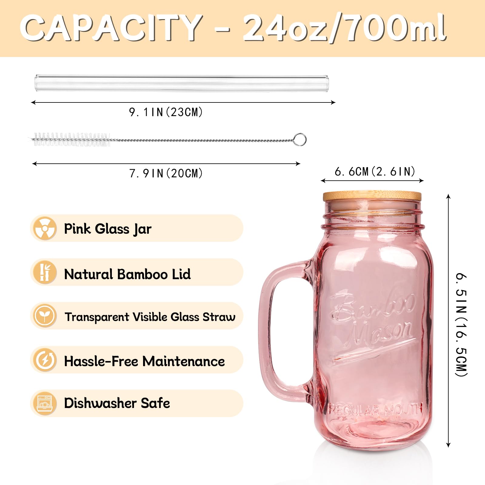 Anoiton Tumbler With Handle And Straw, 24Oz Pink Mason Jars With Handles Drinking Glasses Pink Glassware Colored Glass Cups With
