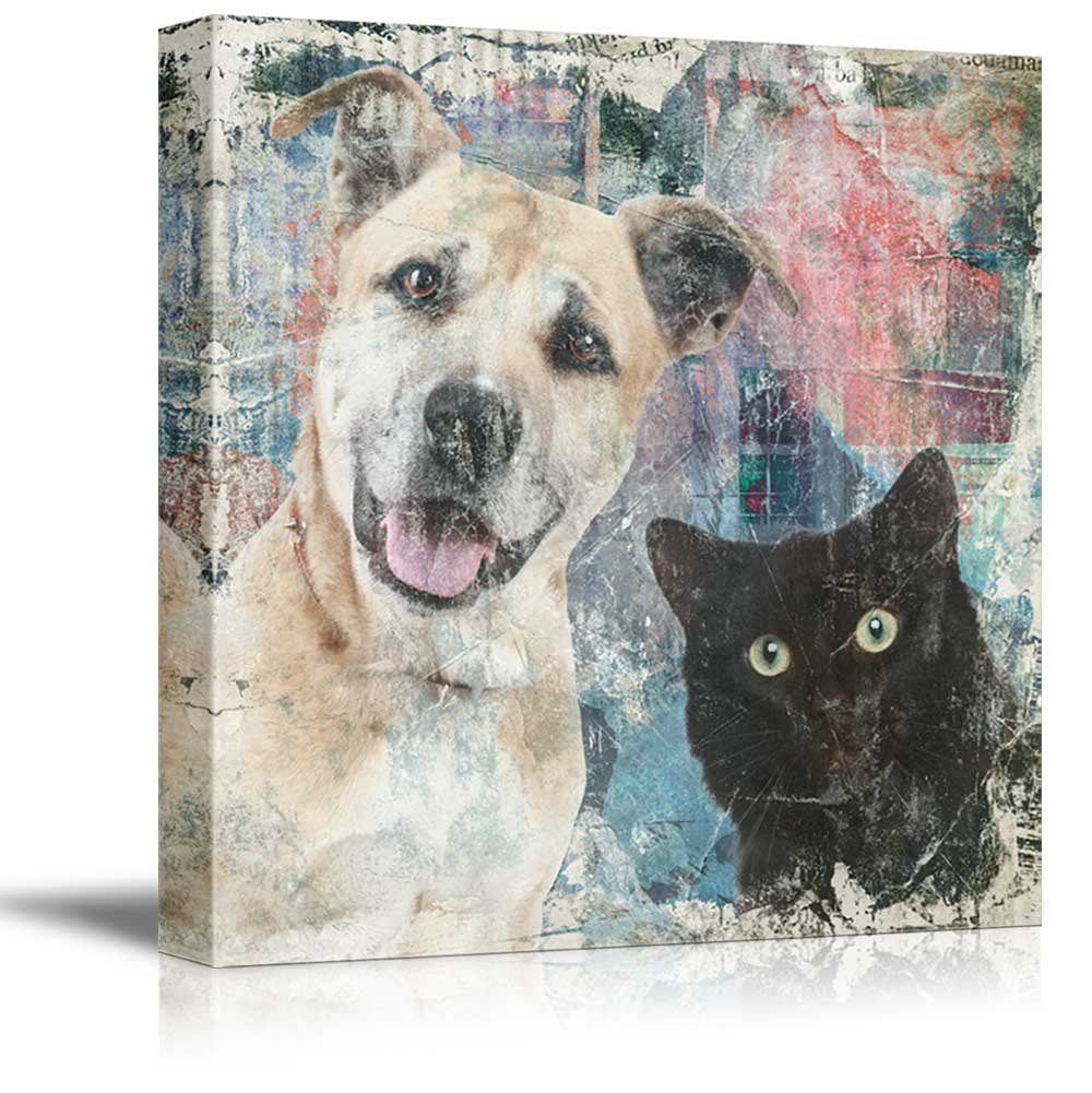 Wall26 Square Cat Series Canvas Wall Art - A Dog And A Cat On Grunge Background - Giclee Print Gallery Wrap Modern Home Art Read