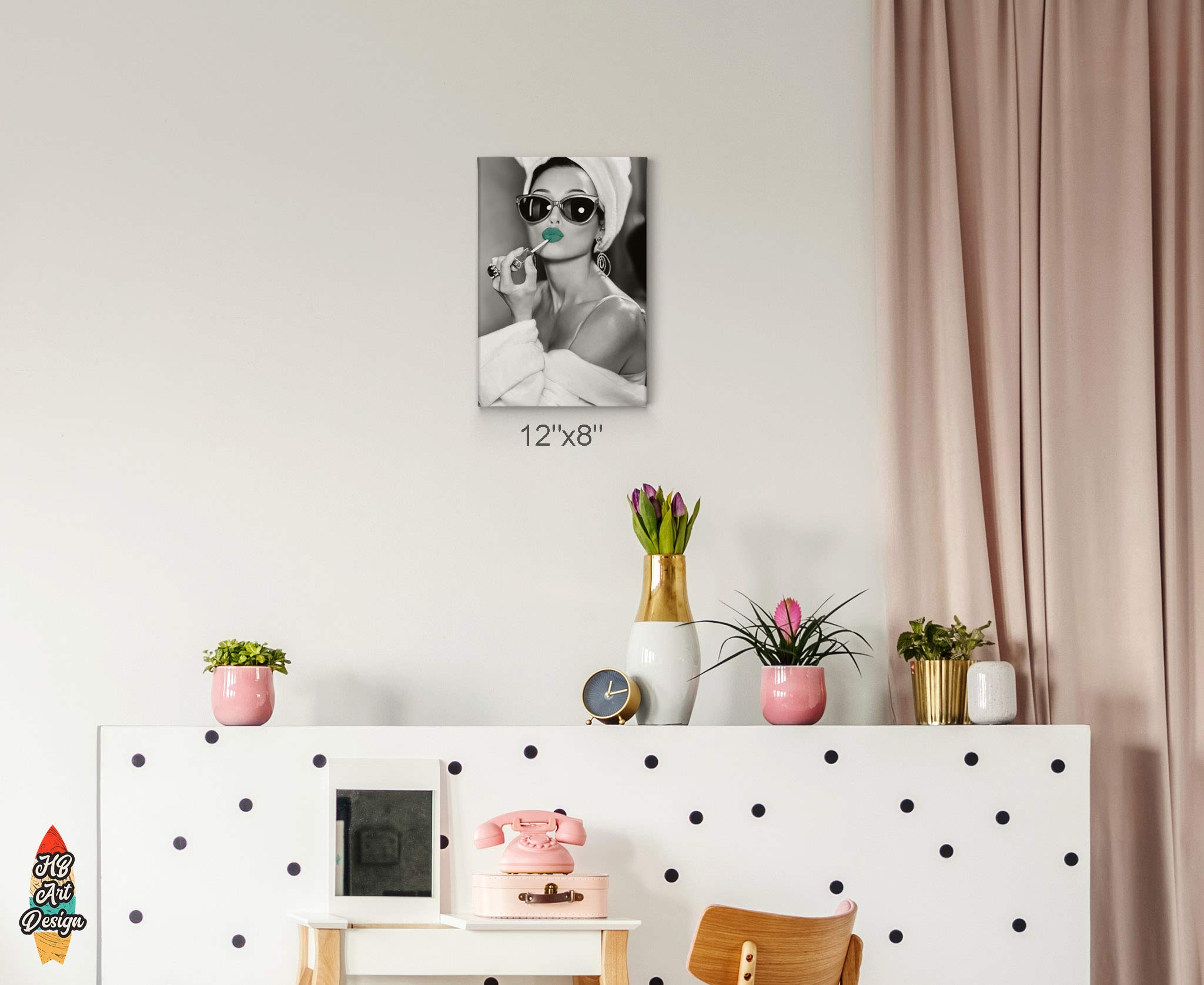Hb Art Design Audrey Hepburn Style Wall Art Green Lips Canvas Print Lipstick Makeup Iconic Pop Art Glam Fashion Black And White