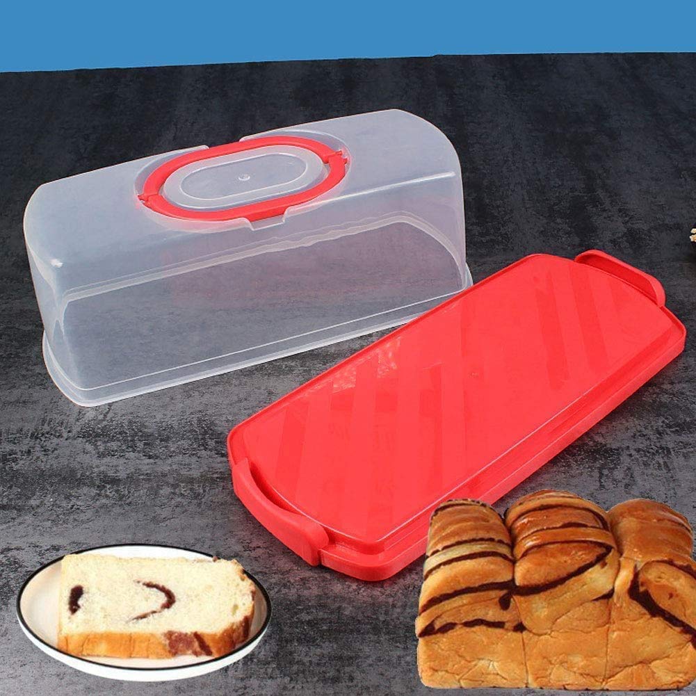 FEOOWV Portable Plastic Loaf Bread Box with Transparent Lid  Bread Keeper for Carrying and Storing Loaf Cakes Banana Bread Pumpkin Bread (Red)