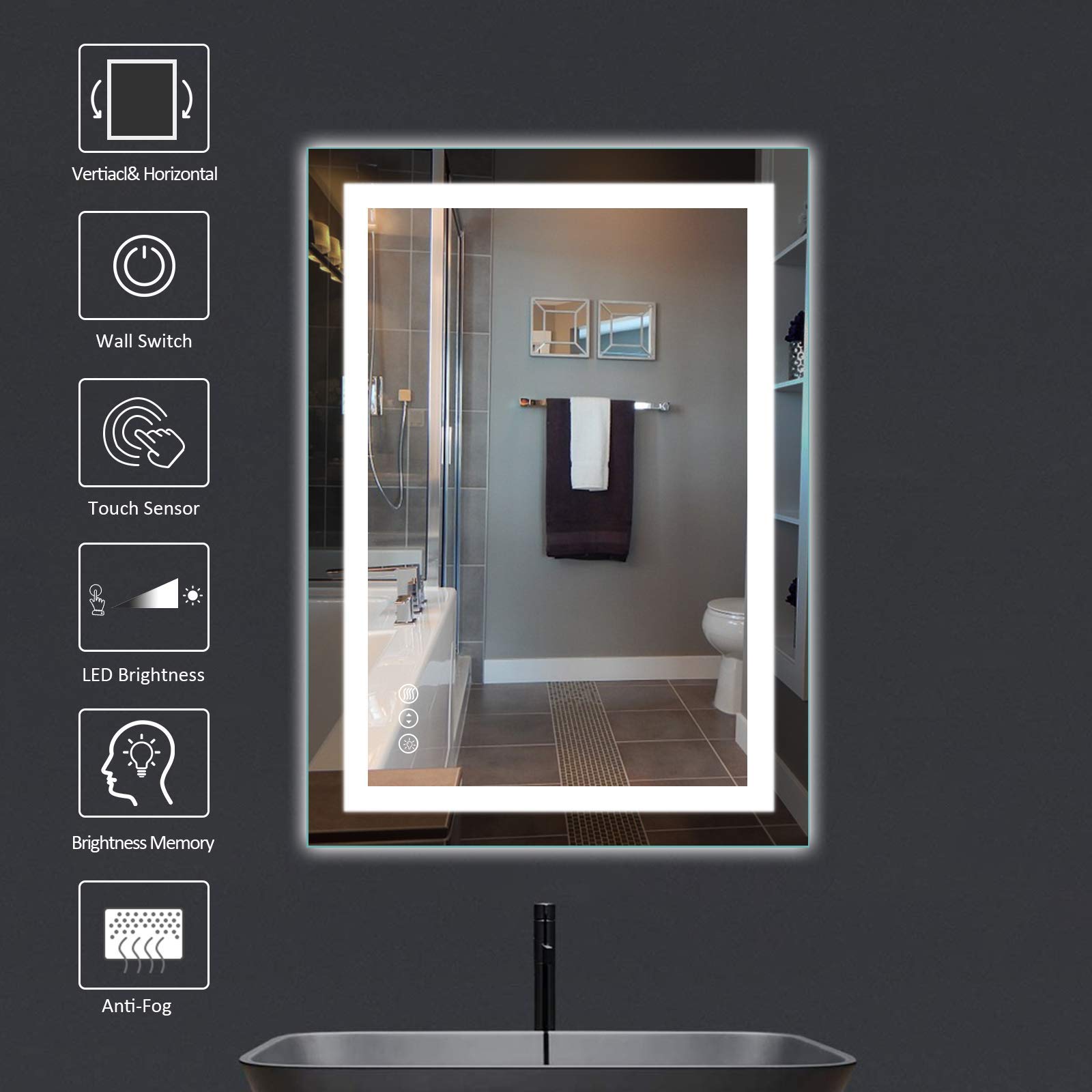 Amorho 28''X 36'' Led Bathroom Mirror With Black Frame, Front Light And Backlit(Controlled Separately), Stepless Dimmable, Anti-