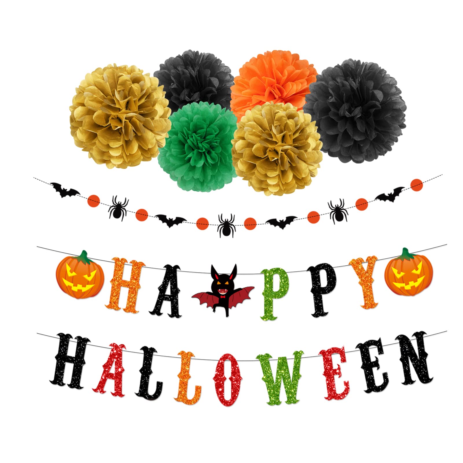 Black-Orange Green-Gold Halloween Party-Decorations - 8Pcs Kits Happy Halloween Banner, Tissue Flower Paper Pom Poms Streamers,B