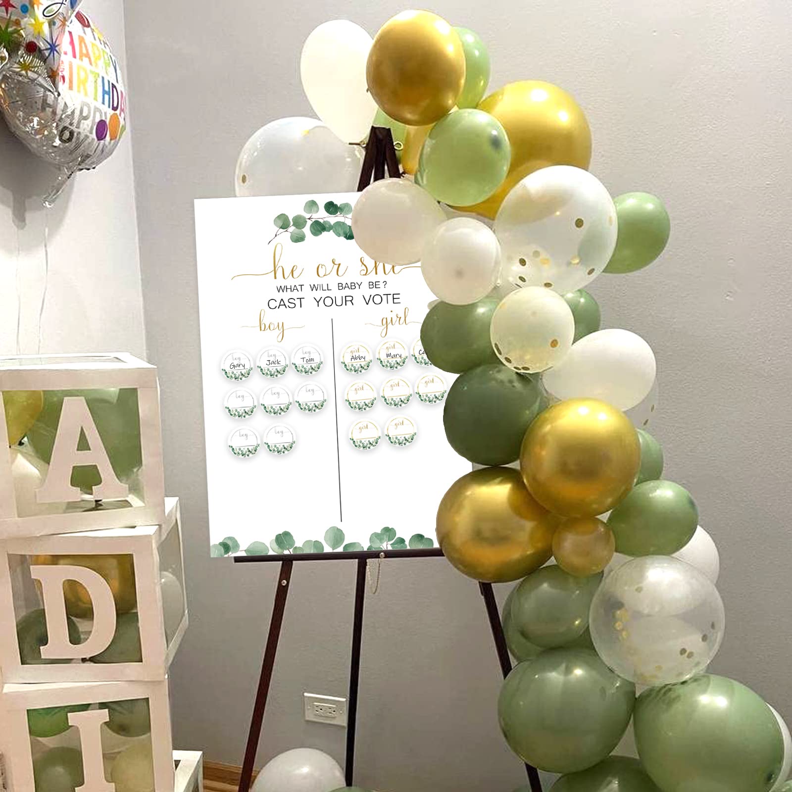 Greenery Baby Gender Reveal Board With Stand(12X17), 60 Eucalyptus Leaf Boy Girl Voting Stickers,He Or She, Cast Your Vote Game,