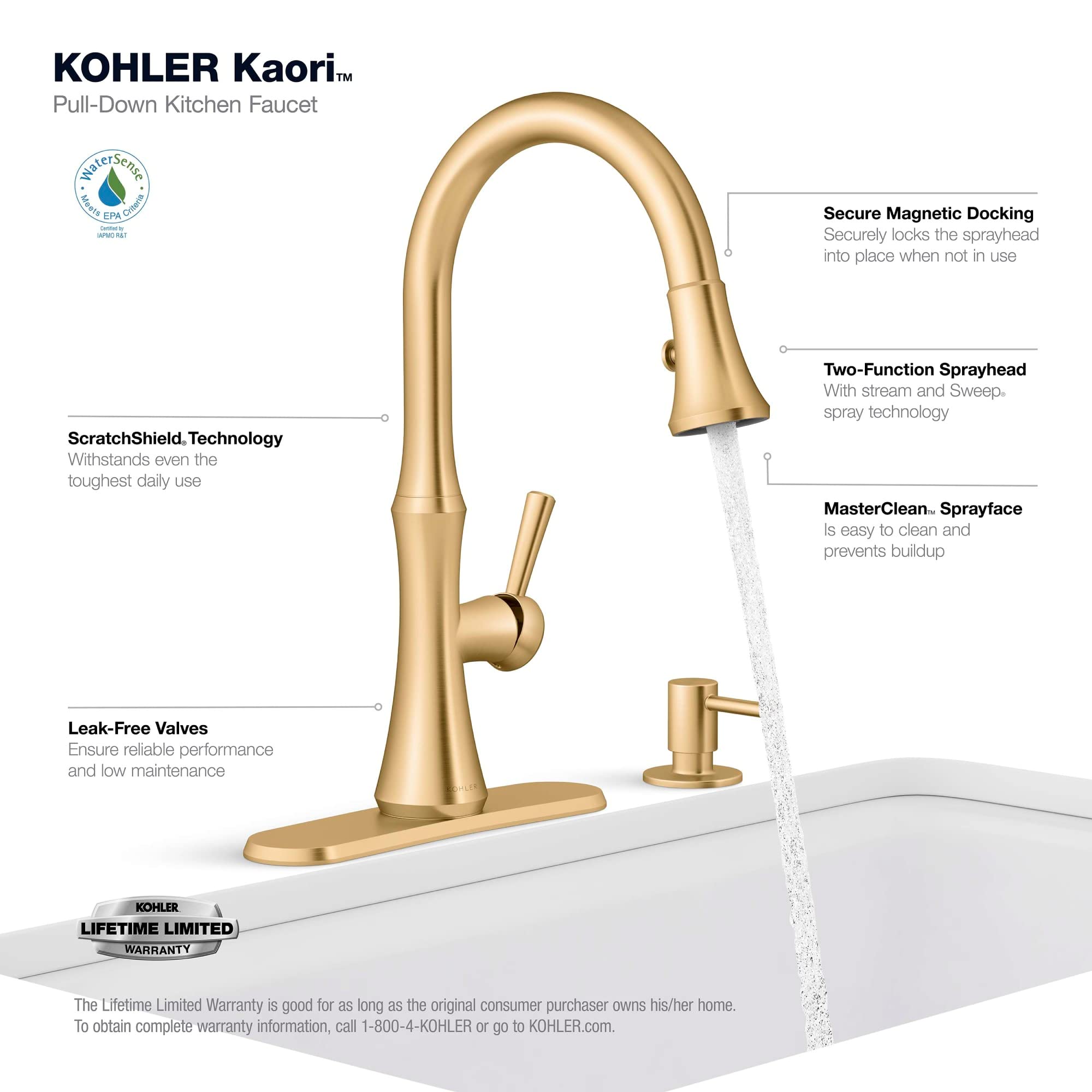 KOHLER Kaori Kitchen Faucet with Pull Down Sprayer & Soap Dispenser, Model R28706-SD-2MB, Vibrant Brushed Moderne Brass