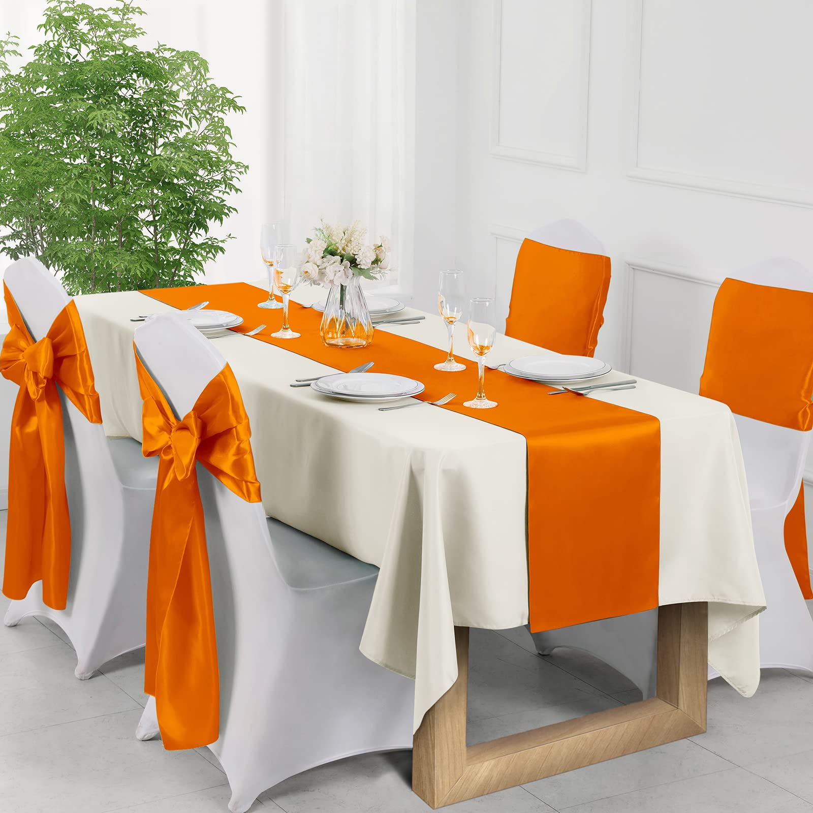 Manyshofu 12Pcs Satin Orange Table Runner - 12 x 72 Inch Long Size  Party Table Runner Decor Bright & Smooth Wedding Decorations Table Runner for Banquet Chef Birthday Buffet Dinner Graduations