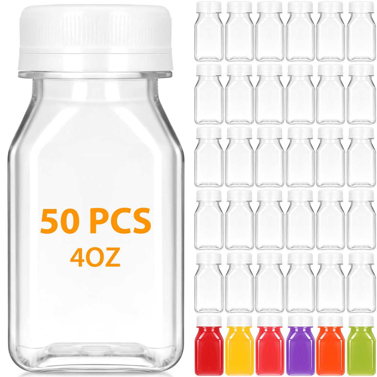 50 Pcs 4 Oz Liquid Vial Plastic Juice Bottle With Lid Reusable Clear Beverage Container, Freezer Safe, Leak Proof For Juice, Mil