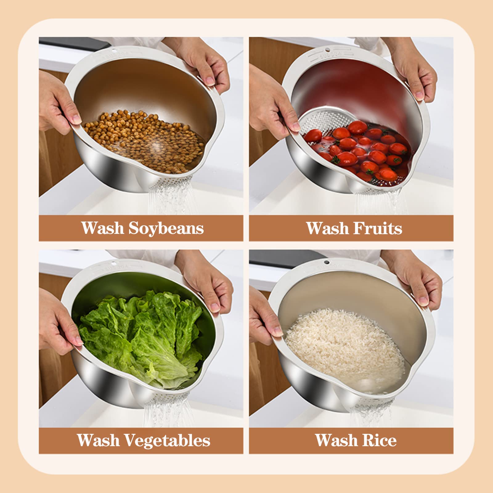 Rice Washer Strainer Bowl - 4-In-1 Washing Bowl For Quinoa, Stainless Steel Rinser With Side Drainers Small Colander For Cleanin