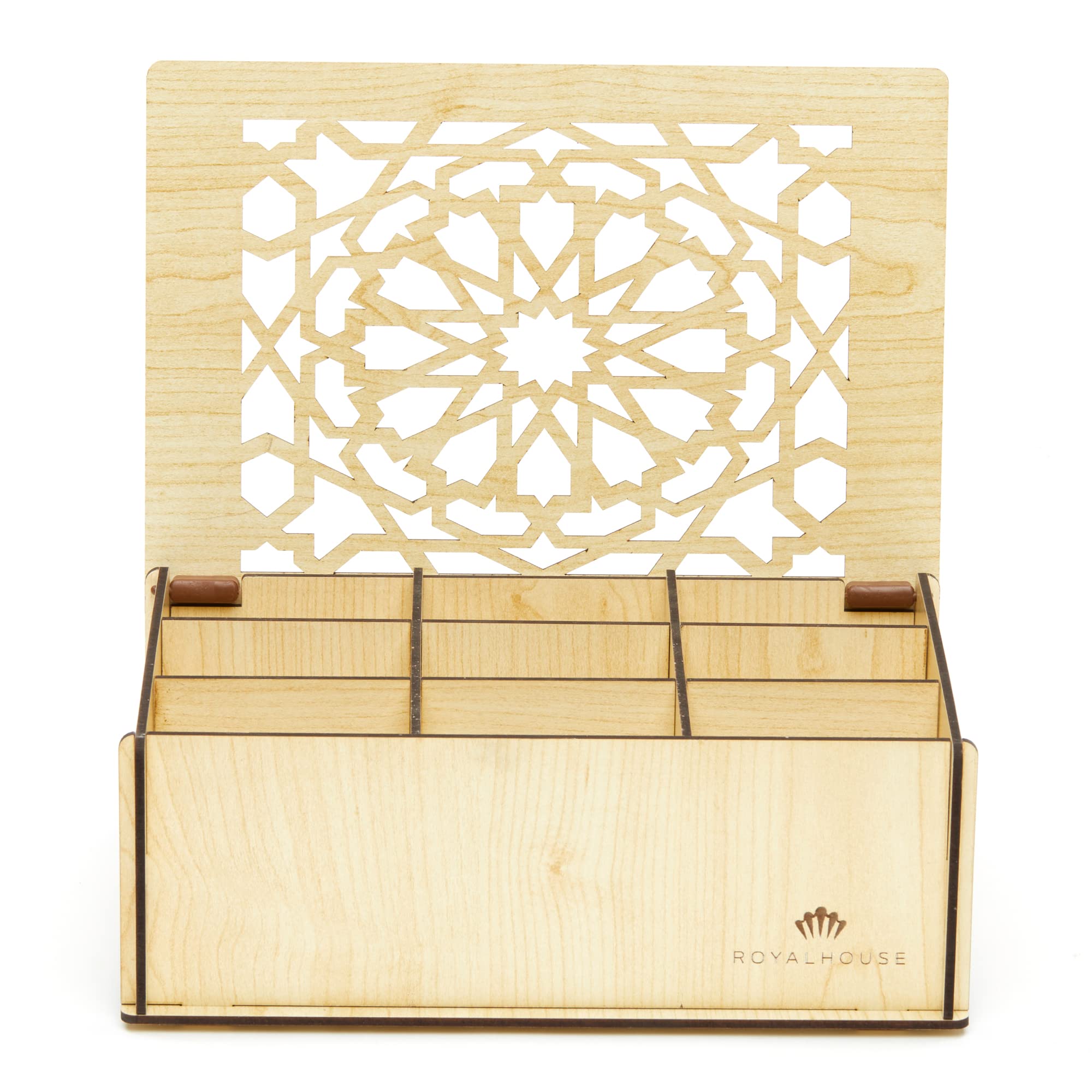 RoyalHouse Premium Wood (Hard MDF) Tea Storage Box Organizer (White)  Eco-Friendly Multi-Functional Decorative Box  9 Compartments For Assorted Variety Of Tea Bags and Small Items