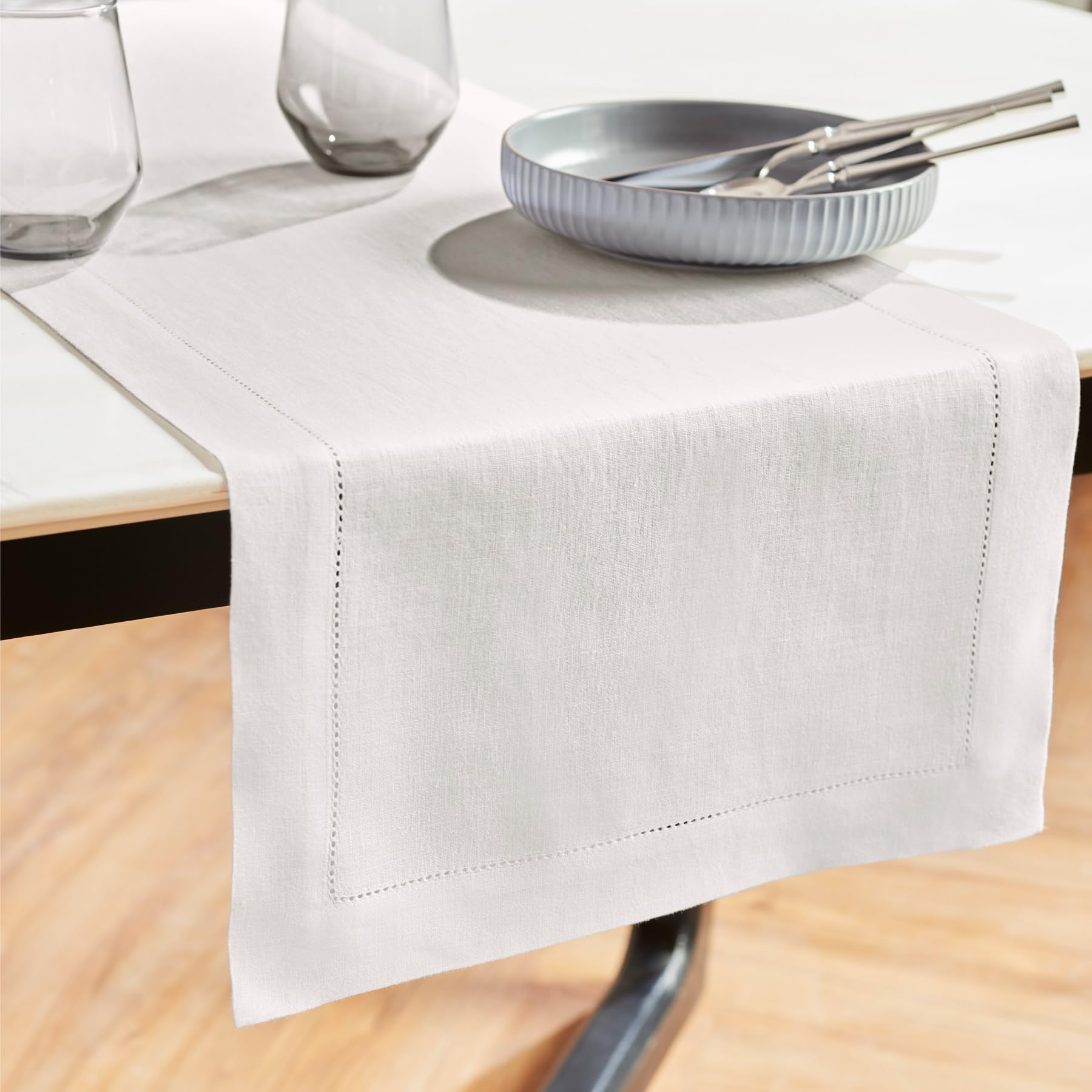 Solino Home Linen White Table Runner 72 Inches Long - Sonoma Hemstitch 100% Pure Linen Prewashed Dining Table Runner 14 X 72 Inc