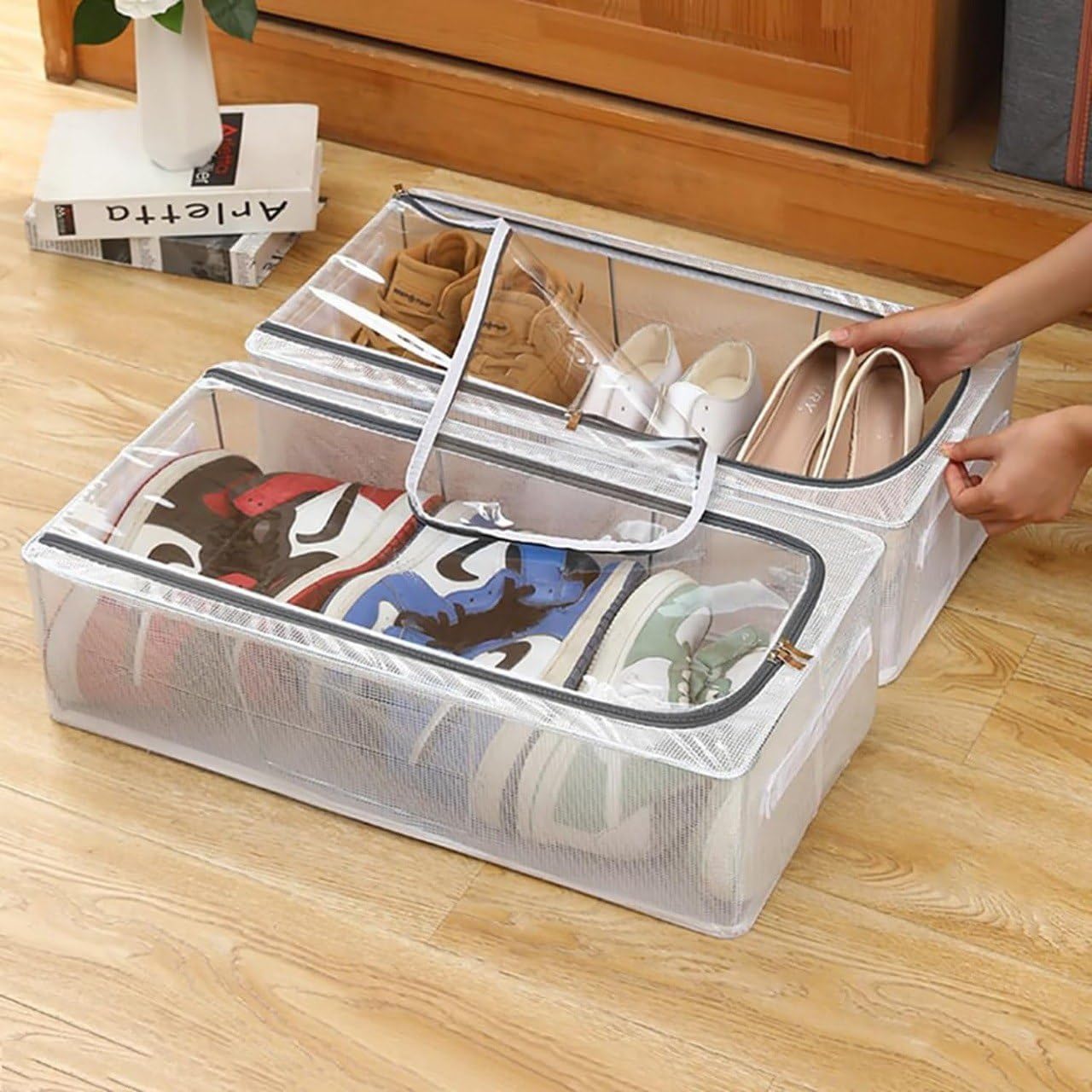 Abudit Transparent UnderBed Clothes Storage Bag Organizer  27 Litre, Dustproof With Zipper & Reinforced Handles For Blankets, 