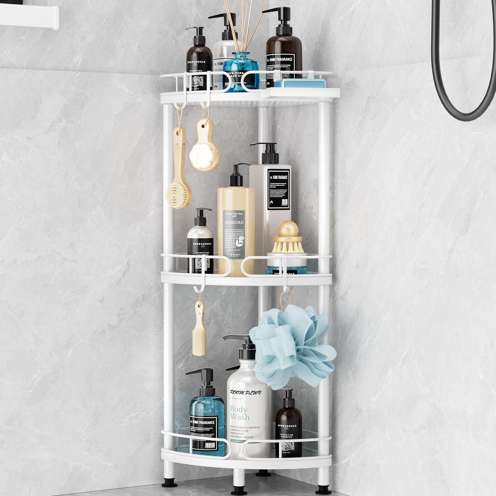 Swtymiki Corner Shower Caddy Standing - 3 Tier Stainless Steel Shower Organizer Stand With 4 Hooks & Soap Holder, Rustproof Meta