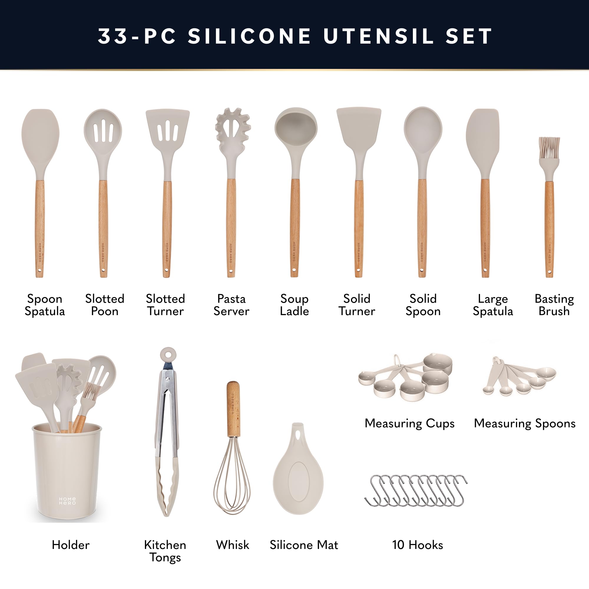 Home Hero 33 Pcs Kitchen Cooking Utensils Set, Non-Stick Silicone Cooking Kitchen Utensils Spatula Set With Holder, Wooden Handl