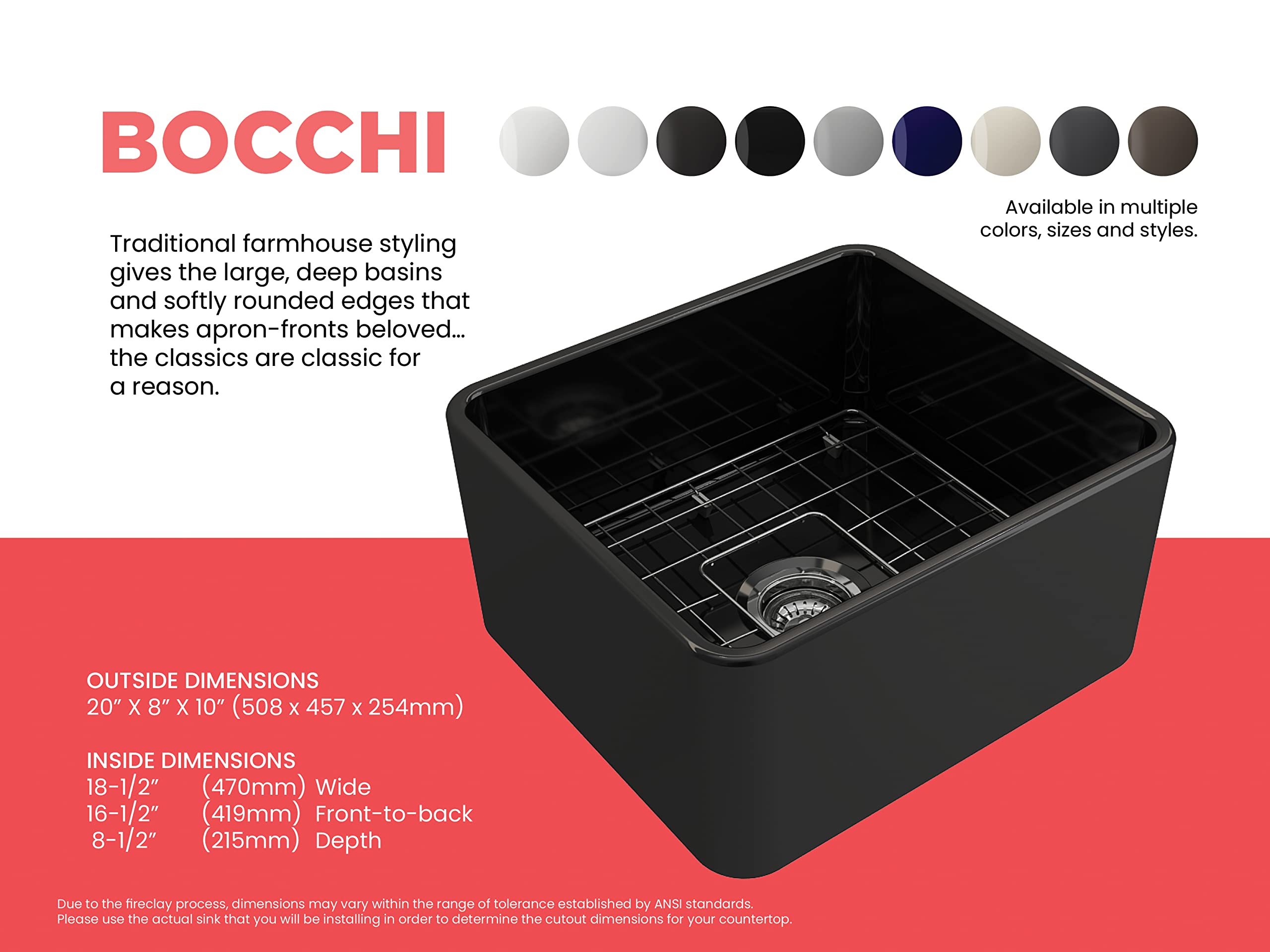 Bocchi Classico Farmhouse Apron Front Fireclay 20 In. Single Bowl Kitchen Sink With Protective Bottom Grid And Strainer In Black