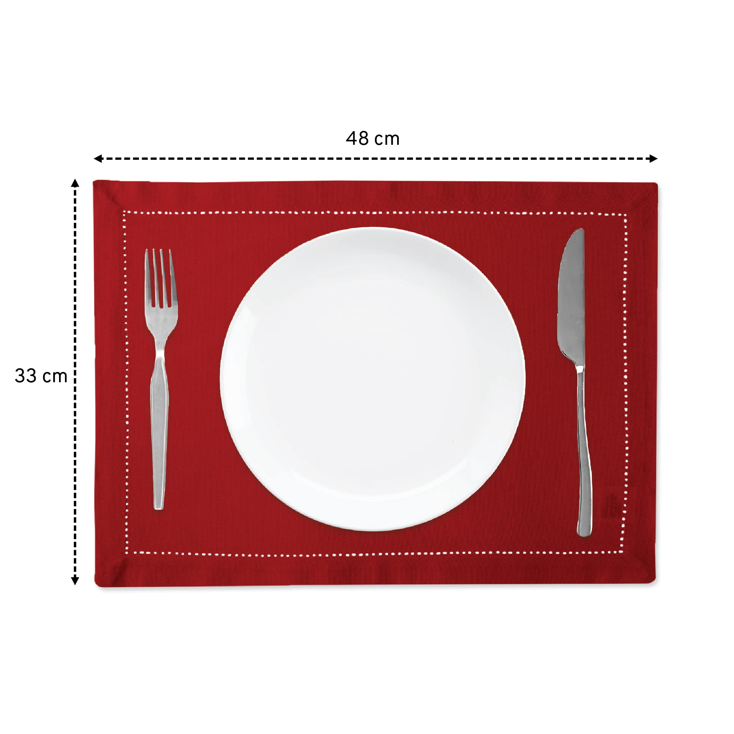 Encasa Xo Placemats Set Of 4 | Pure Cotton Hemstitched Design | Red | Rectangular 19''X13'' - Dining Table Mat | Machine Washabl