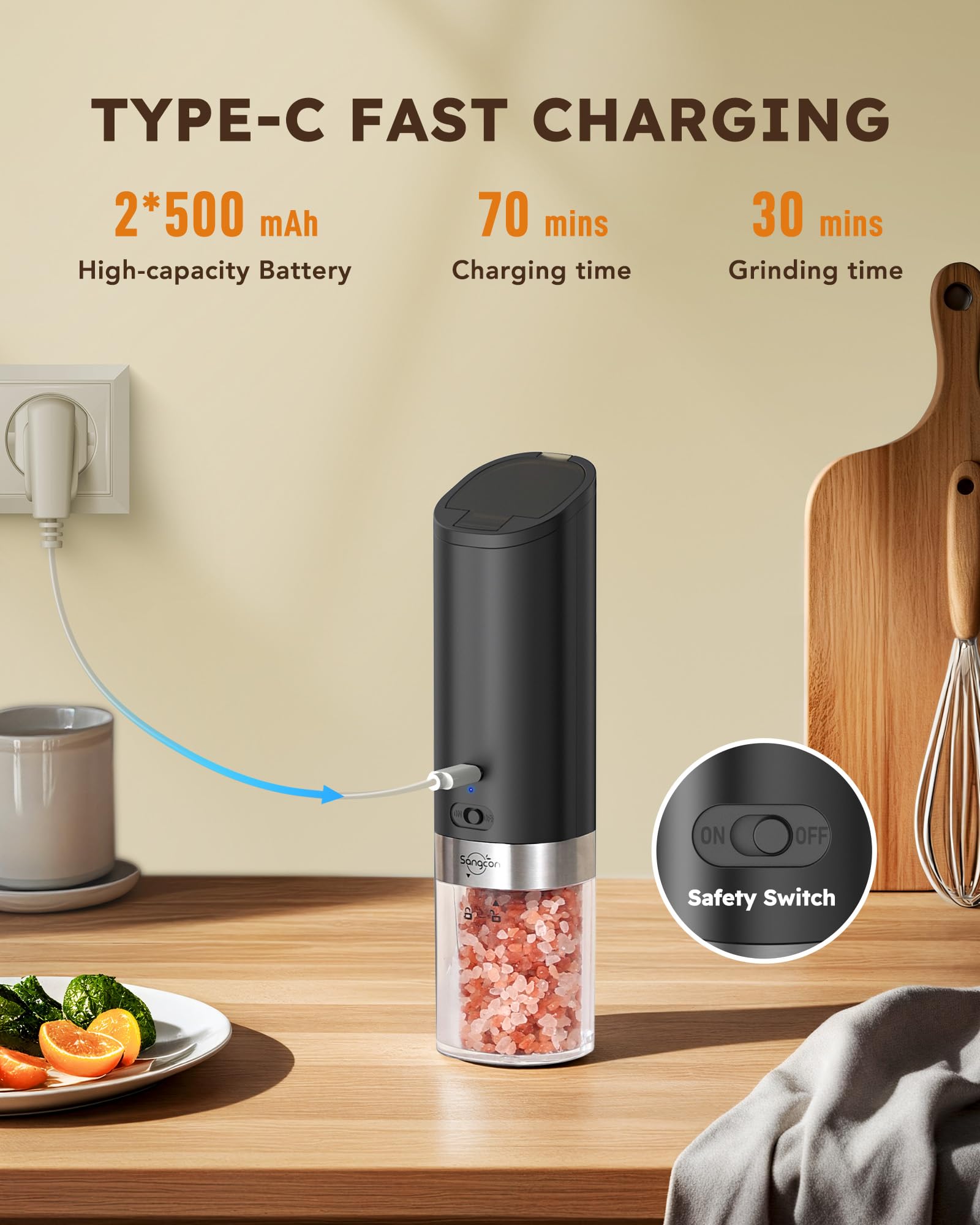 Sangcon Gravity Electric Salt and Pepper Grinder Set Rechargeable with Dust Cover, Large Capacity, Adjustable Coarseness, LED Li