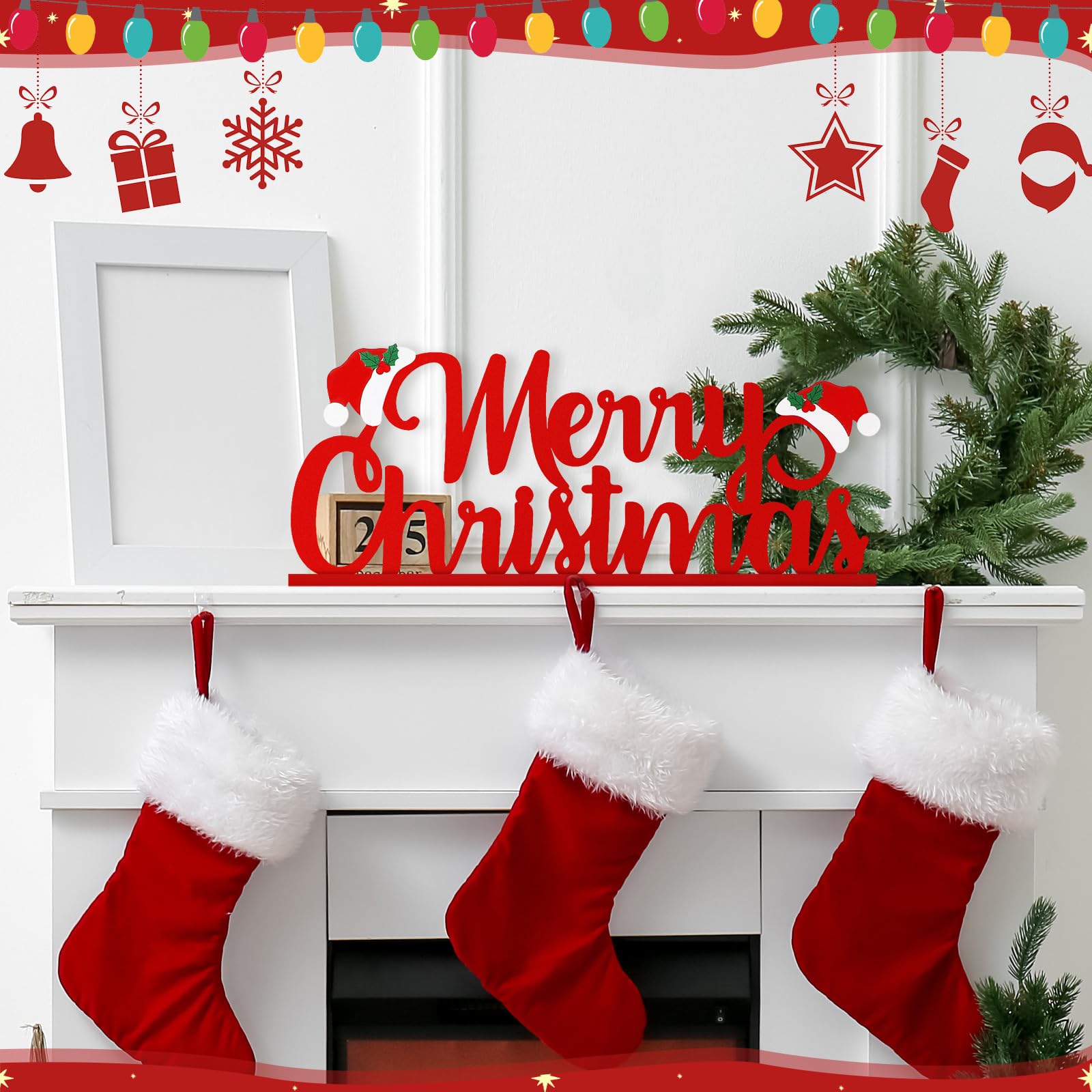 Realspring Merry Christmas Metal Sign Red Christmas Table Decoration Xmas Tiered Tray Decor Freestanding Metal Word Sign with Wo