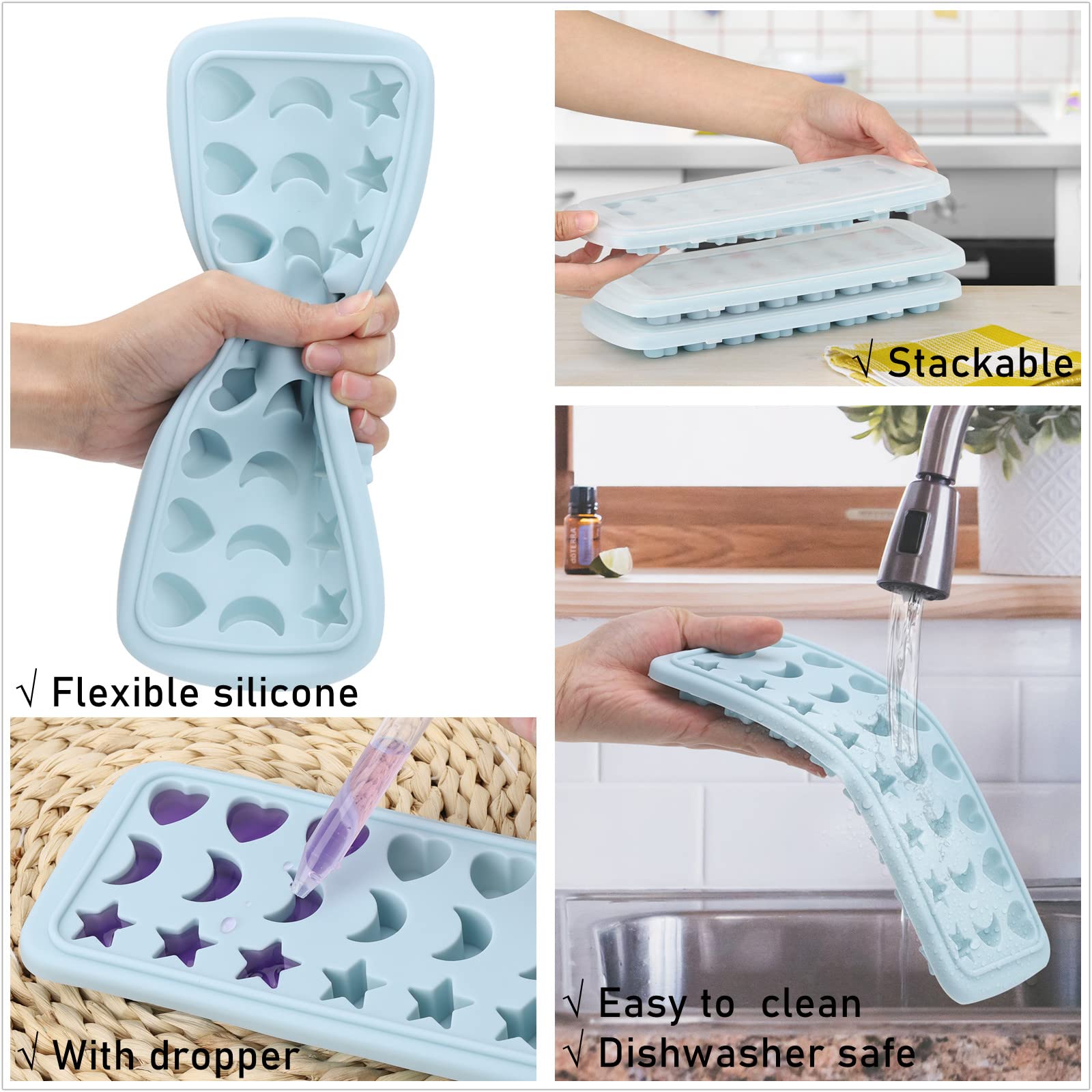 Moon Stars And Heart Ice Cube Tray Silicone Molds With Liquid Dropper,Easy Release Ice Trays With Lid, 24 Cavity Heart Mold For