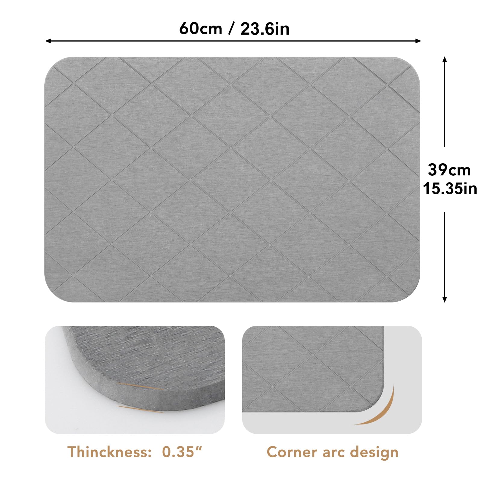 Jizeuo Stone Bath Mat, Diatomaceous Earth Shower Mat, Non-Slip Super Absorbent Quick Drying Bathroom Floor Mat, 2 Pack, Grey, Pa