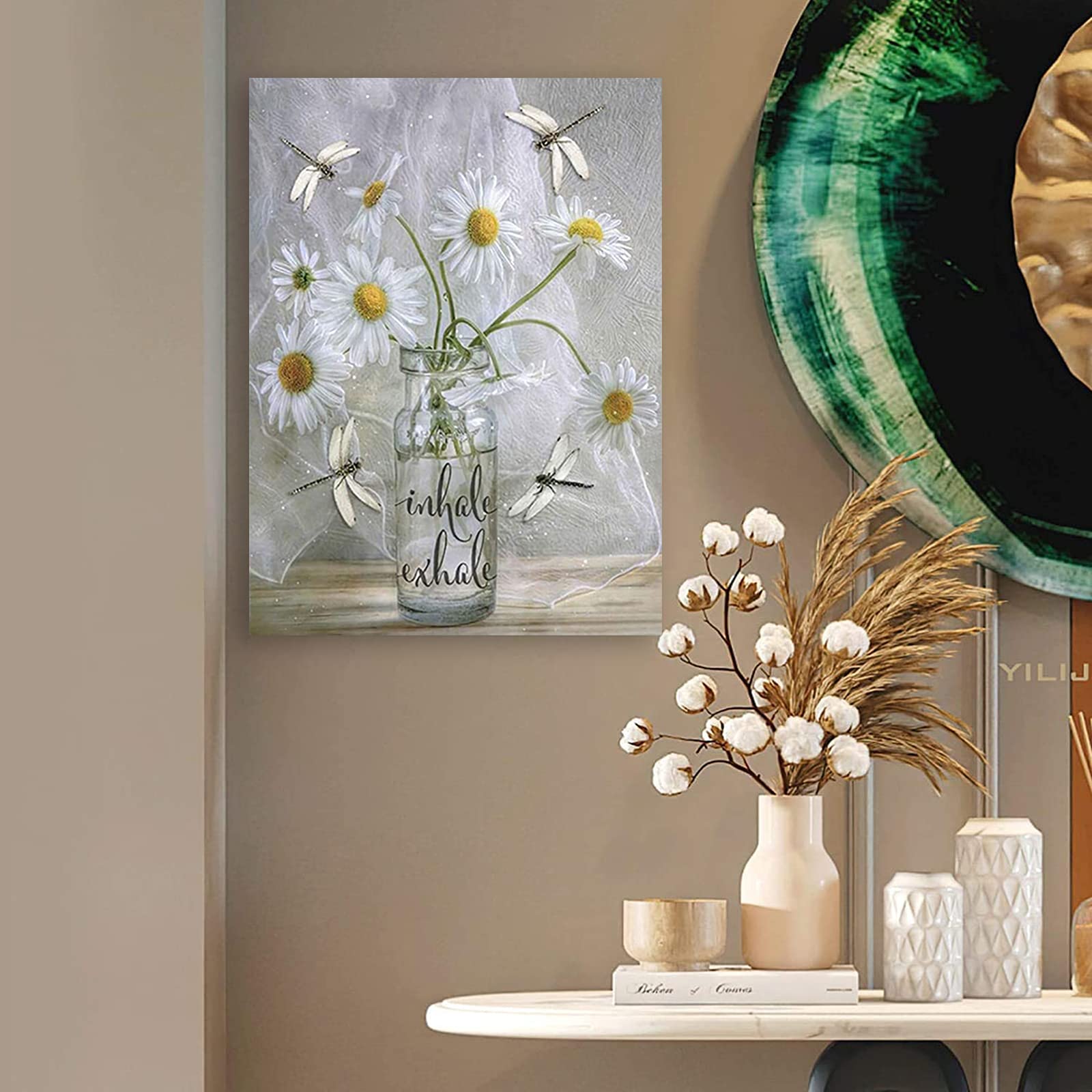 Unikei, Daisy Wall Art Canvas Deep Breath Inhale Exhale Inspirational Art Poster Paintings Flower In Vase White Floral Dragonfli