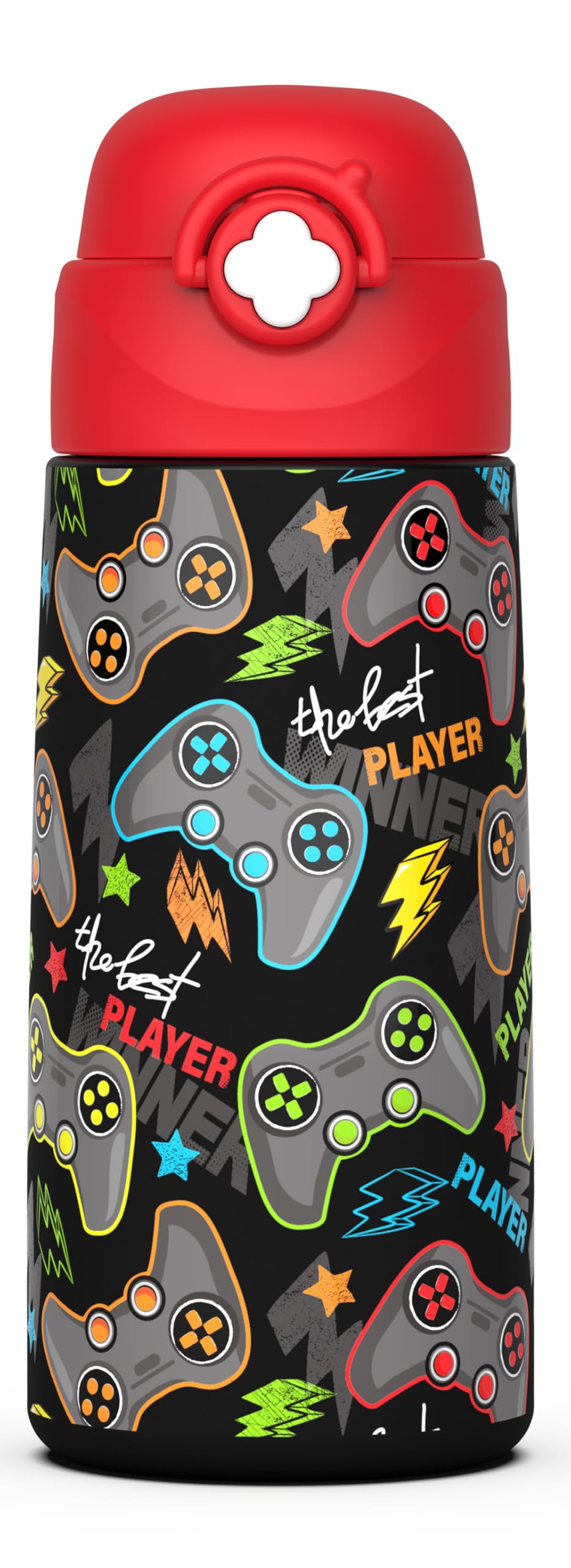 Ntswasd Boys Insulated Water Bottle with Covered Pop-Up Straw,16 oz Kids Cups with Stainless Steel Leak Proof for School(Red-Gam