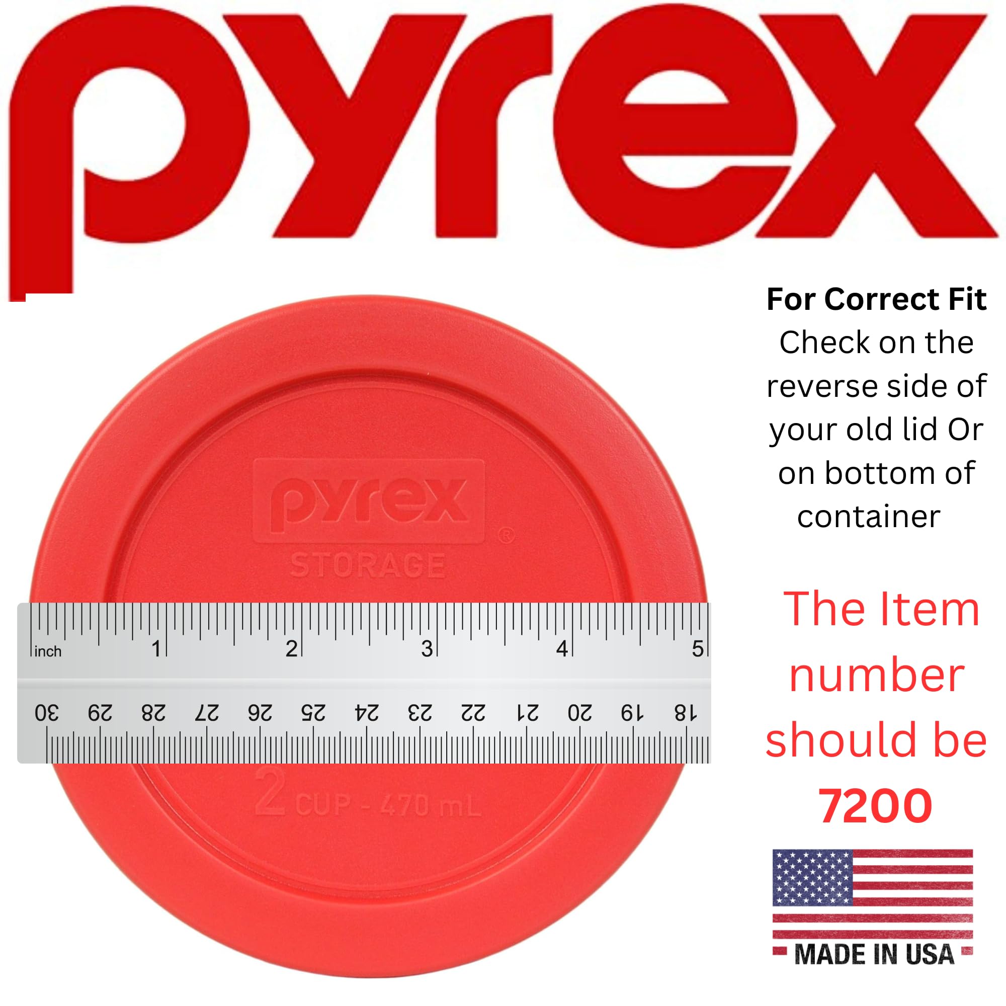 Pyrex 7200-Pc Red 2 Cup Round Plastic Food Storage Lid, Made In Usa - 4 Pack - Original Genuine Pyrex - Made In The Usa