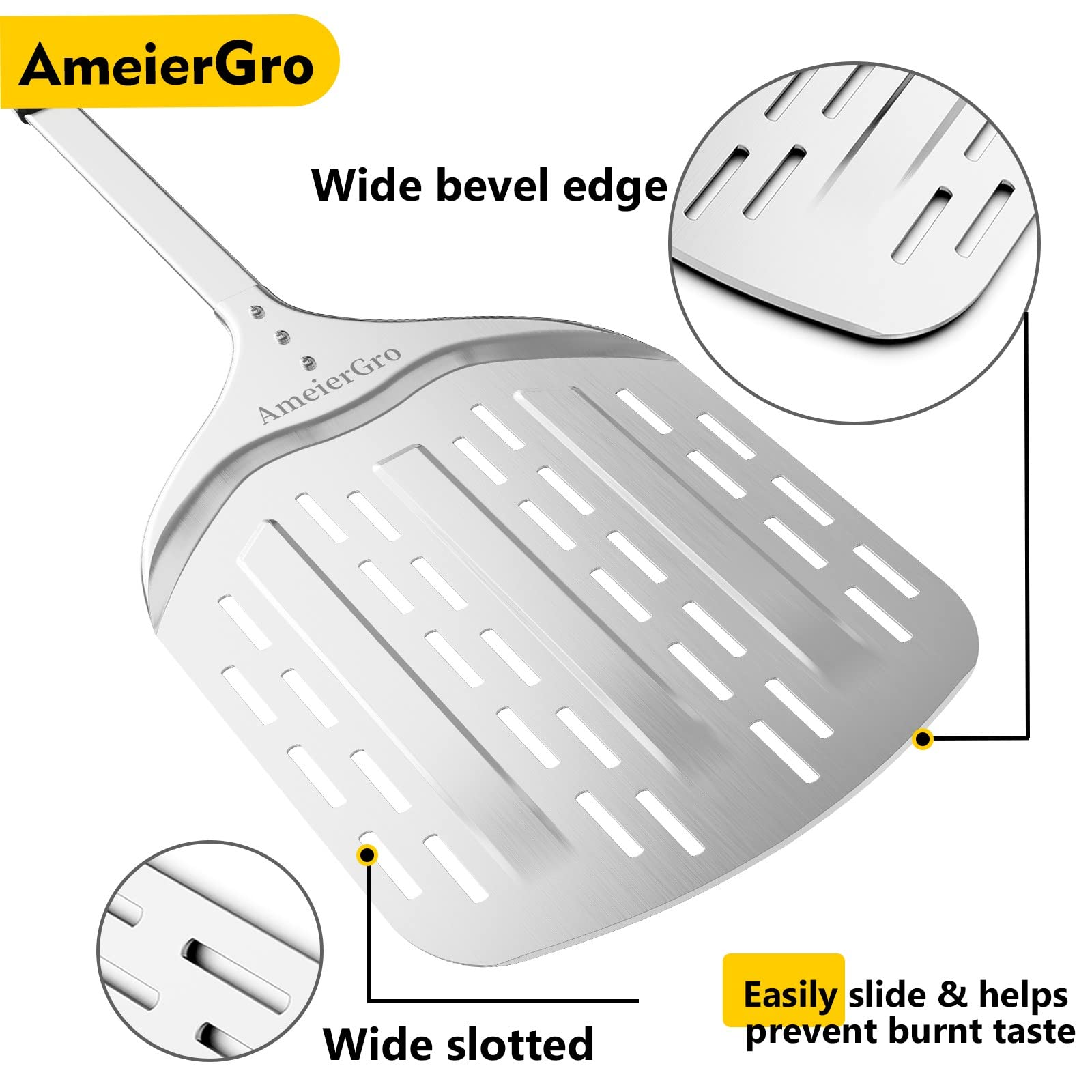 Ameiergro 12'' Perforated Pizza Peel, Long Handle(31'') Anodised Aluminum Pizza Spatula Paddle, Pizza Oven Accessories For Pizza