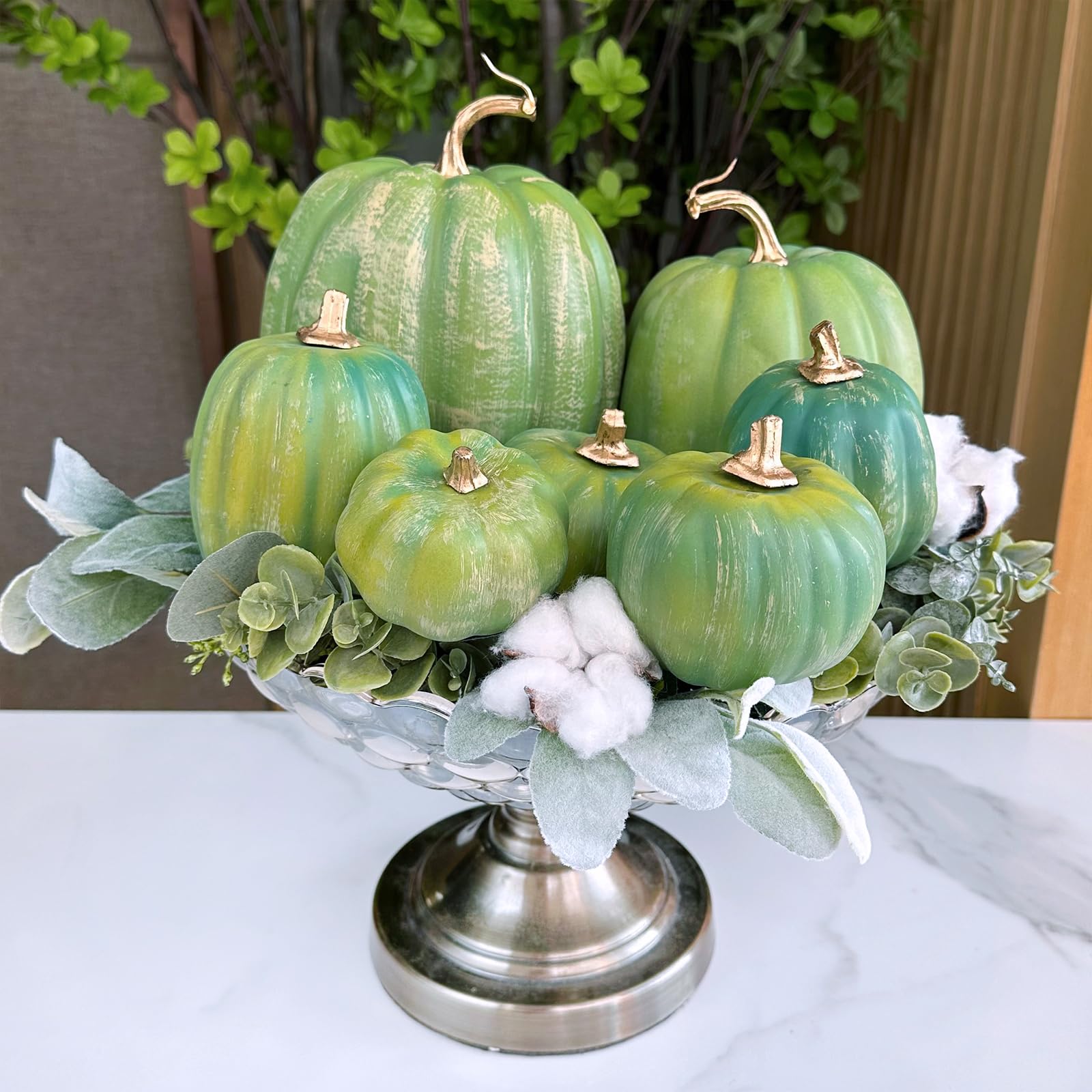 Winlyn 7 Pcs Assorted Green Artificial Pumpkins Harvest Pumpkins Deep Green Decorative Foam Pumpkins for Farmhouse Fall Wedding